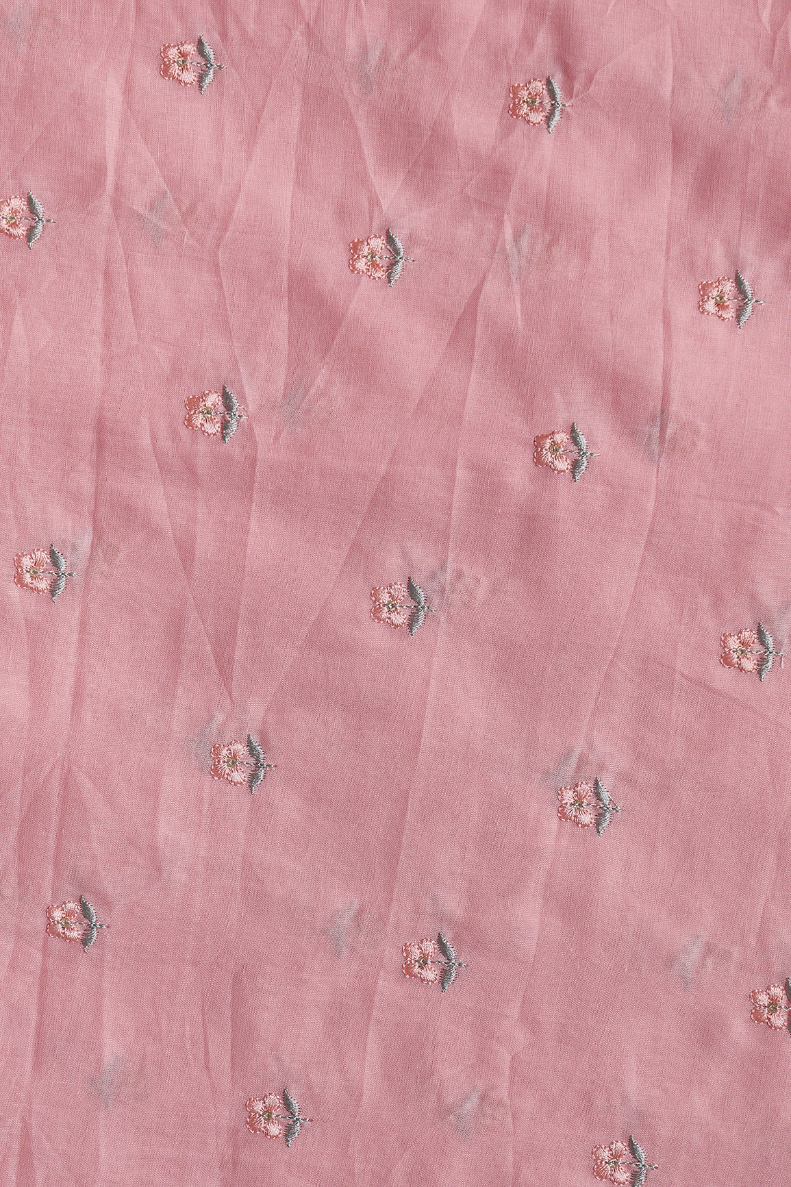 Peach & Olive Thread Small Floral Embroidery Work On Pastel Pink Pure Mul Cotton Fabric
