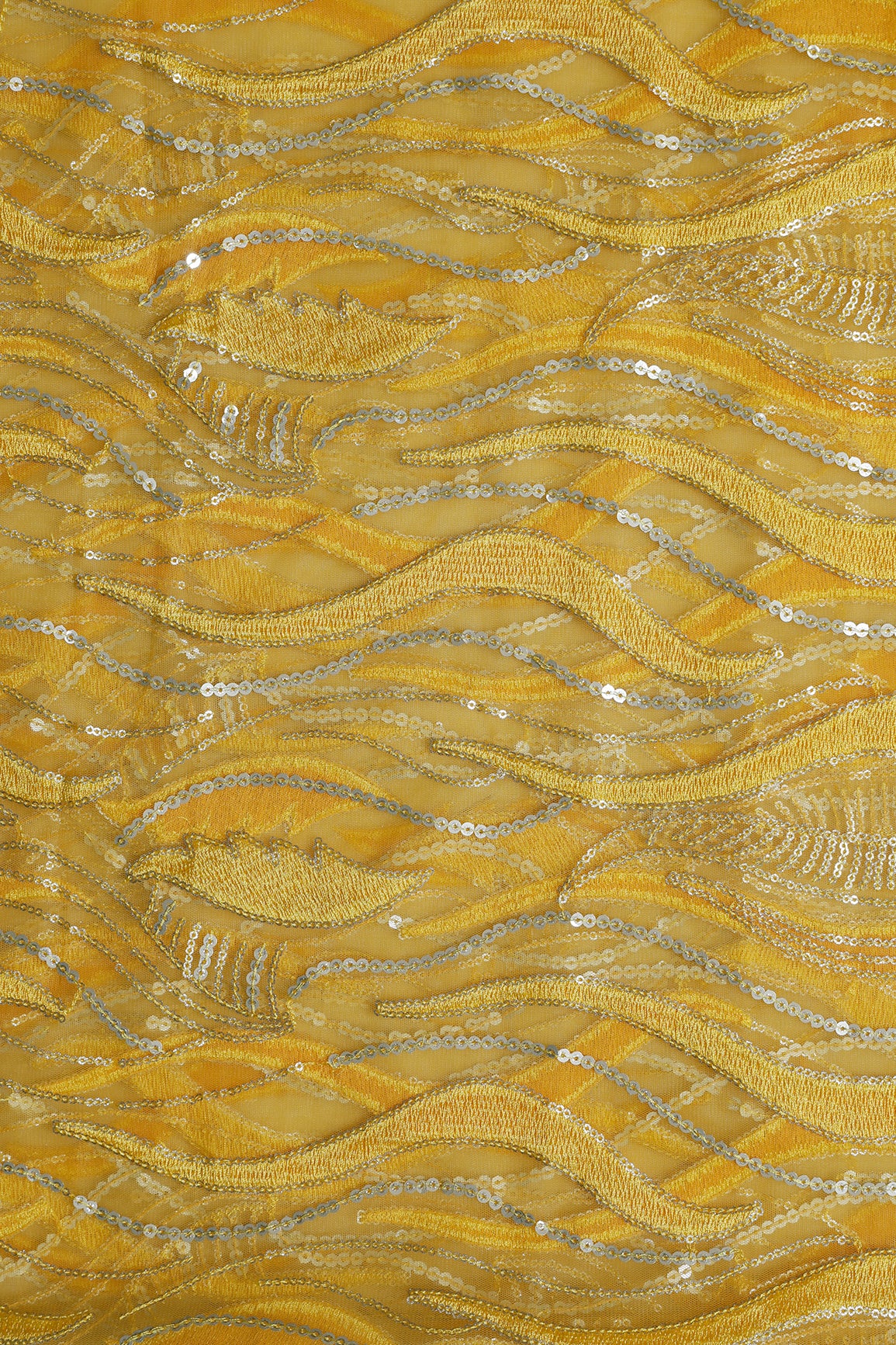 1 Meter Cut Piece Of Yellow Thread With Sequins Wavy Embroidery Work On Yellow Soft Net Fabric