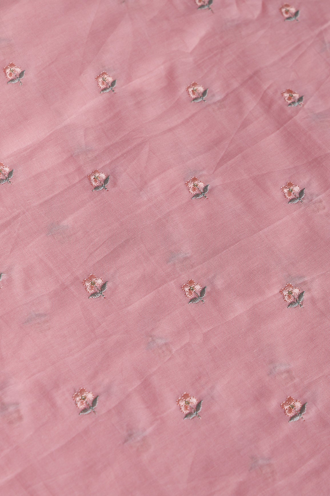 Peach & Olive Thread Small Floral Embroidery Work On Pastel Pink Pure Mul Cotton Fabric