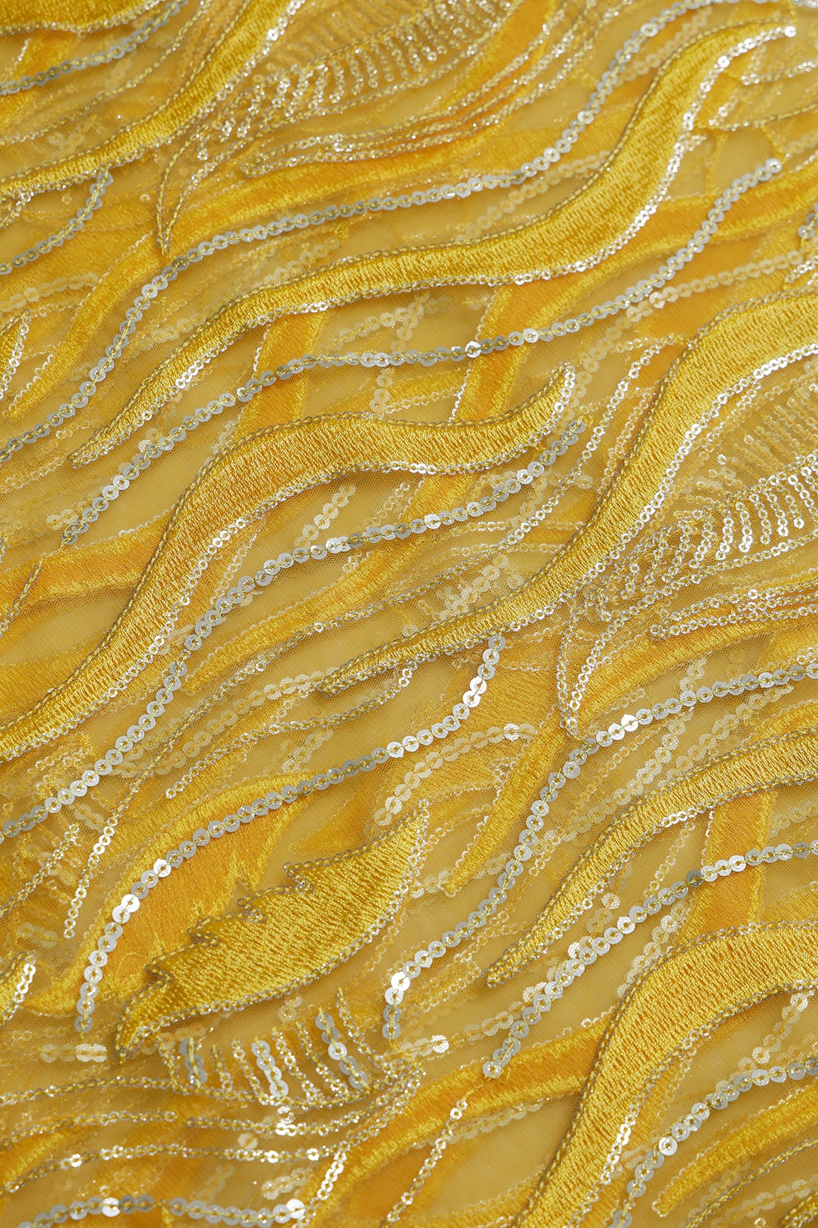 1 Meter Cut Piece Of Yellow Thread With Sequins Wavy Embroidery Work On Yellow Soft Net Fabric