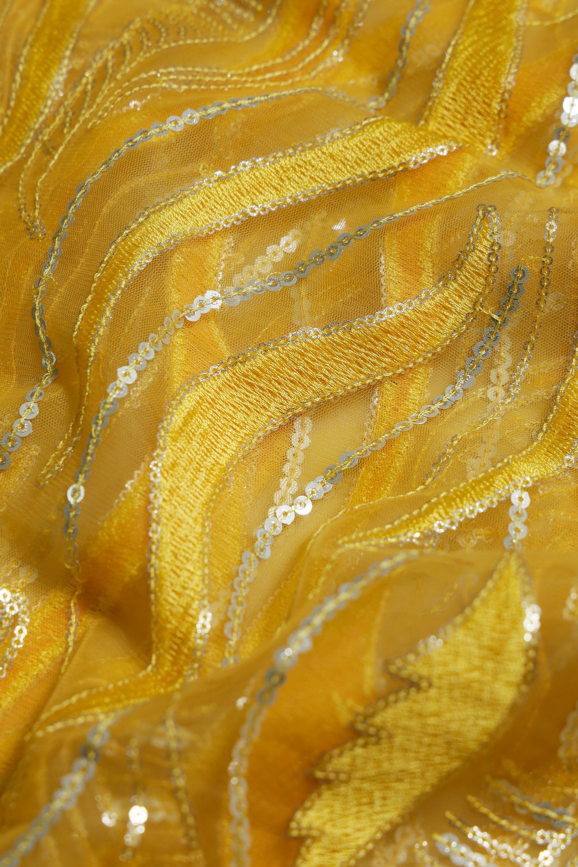1 Meter Cut Piece Of Yellow Thread With Sequins Wavy Embroidery Work On Yellow Soft Net Fabric
