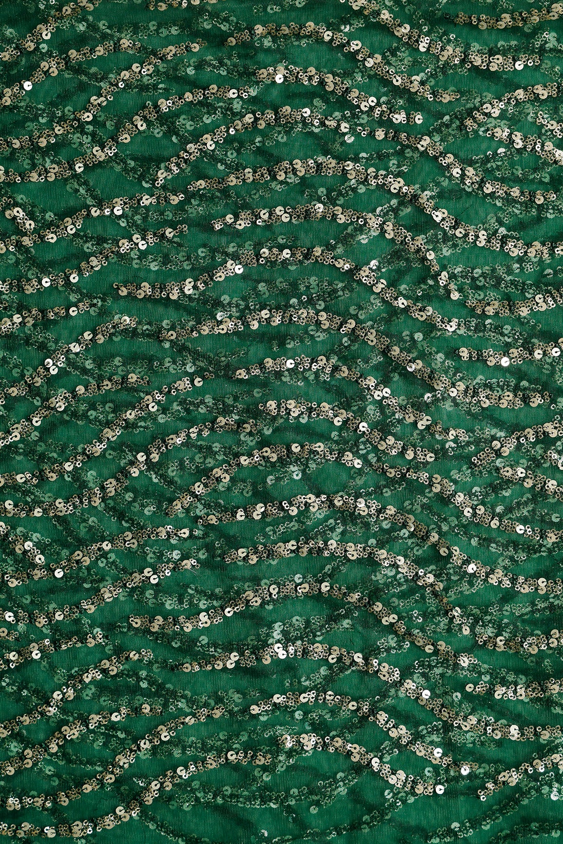 1 Meter Cut Piece Of Gold And Silver Sequins With Bottle Green Thread Embroidery On Bottle Green Soft Net
