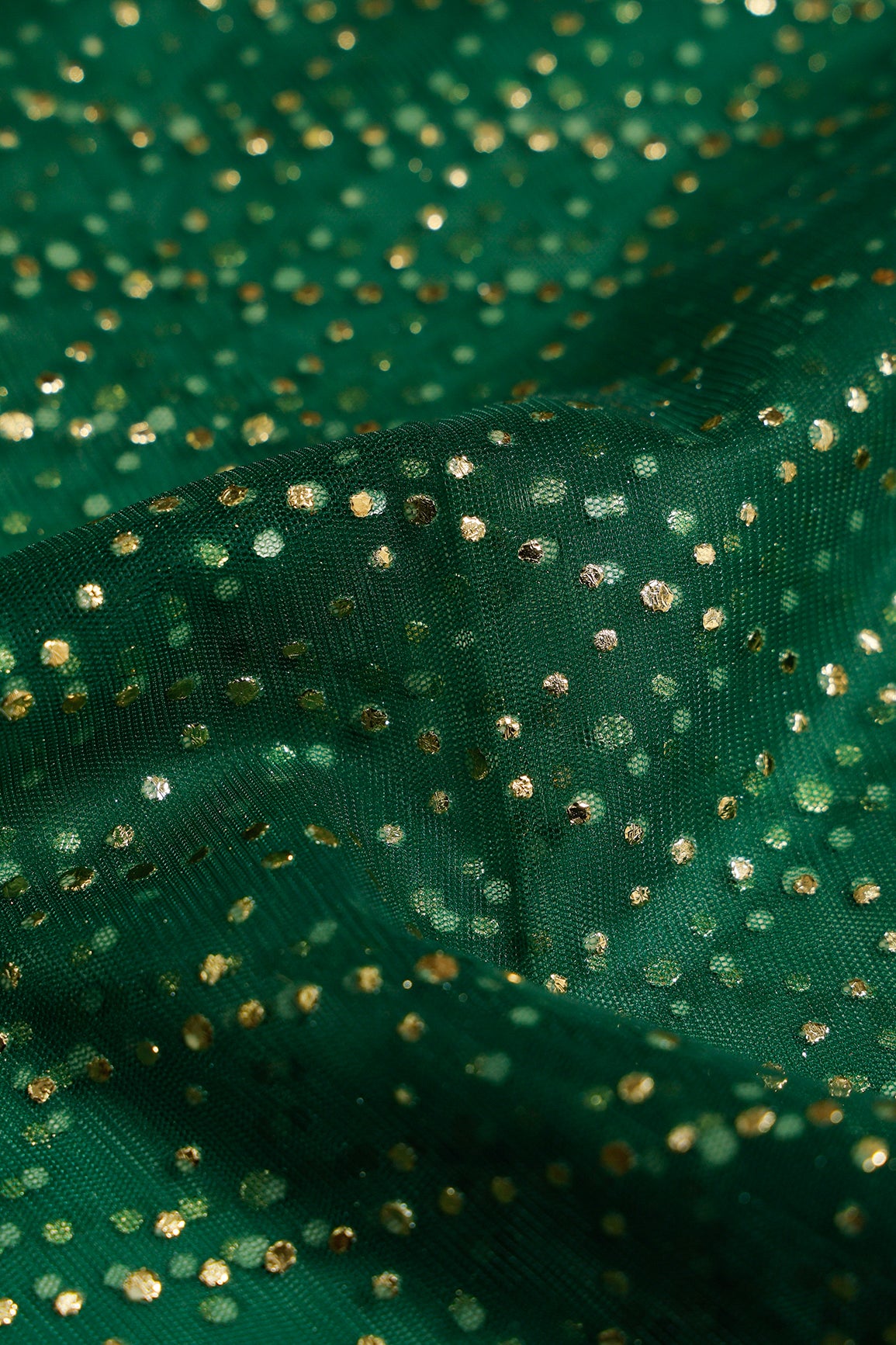 1 Meter Cut Piece Of Checks Pattern With Foil Print On Bottle Green Soft Net Fabric