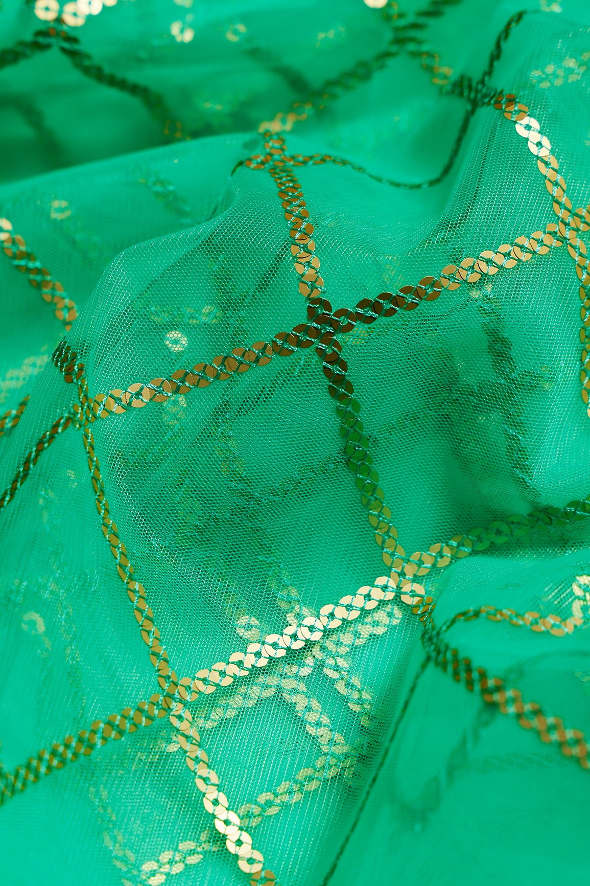 2 Meter Cut Piece Of Gold Sequins With Thread Checks Embroidery Work On Bright Sea Green Soft Net Fabric