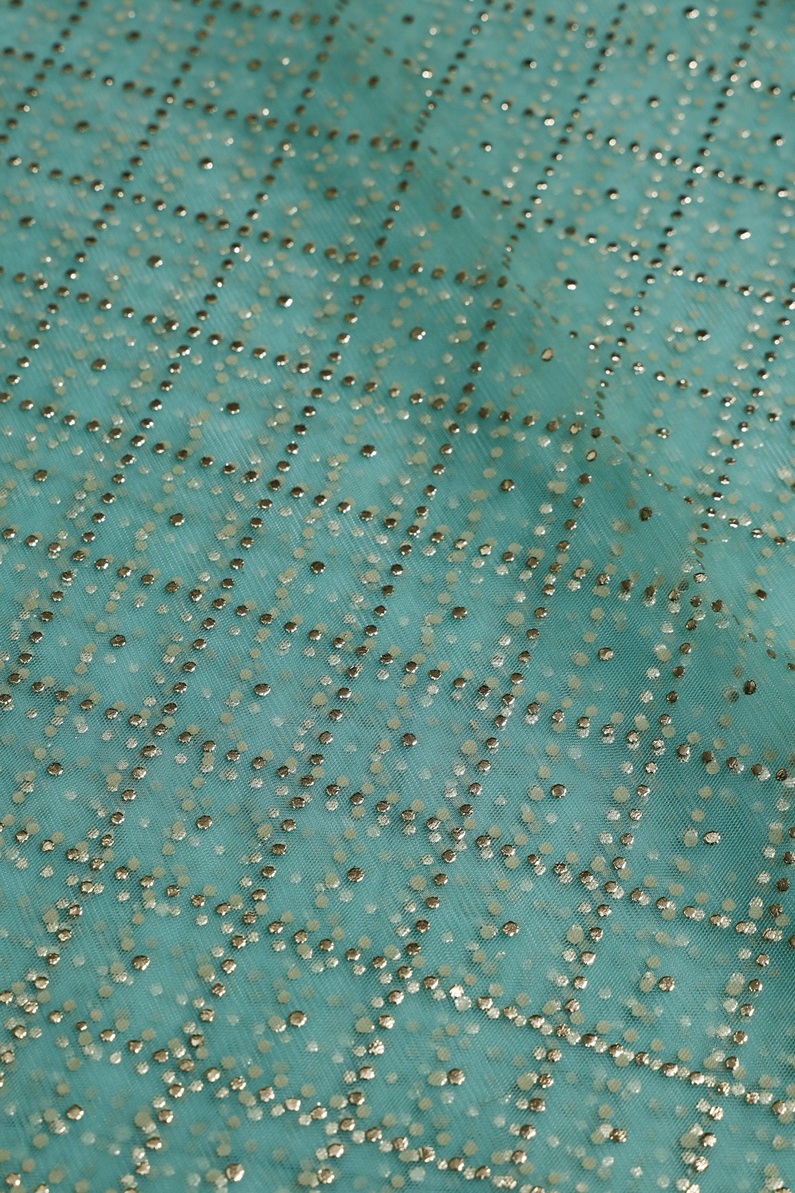 2 Meter Cut Piece Of Checks Pattern With Foil Print On Sea Green Soft Net Fabric