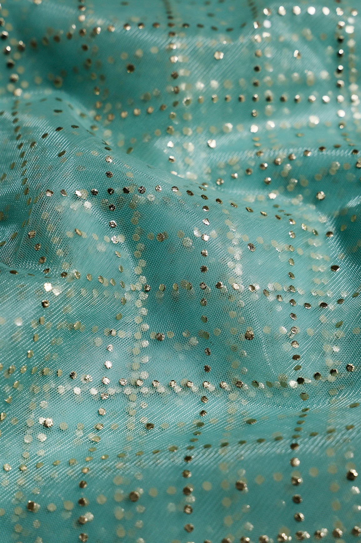 2 Meter Cut Piece Of Checks Pattern With Foil Print On Sea Green Soft Net Fabric