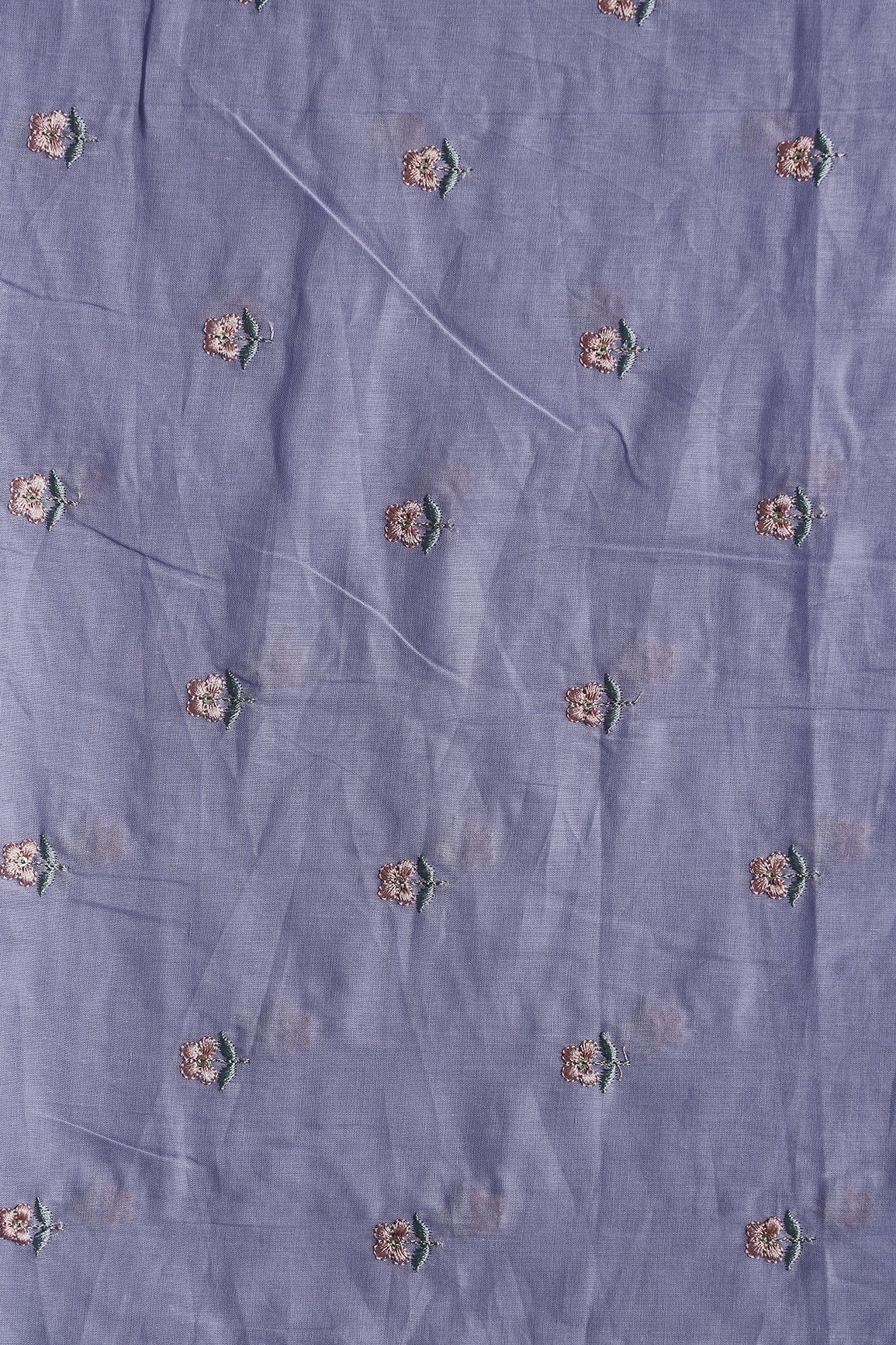 Peach & Olive Thread Small Floral Embroidery Work On Pastel Lilac Pure Mul Cotton Fabric