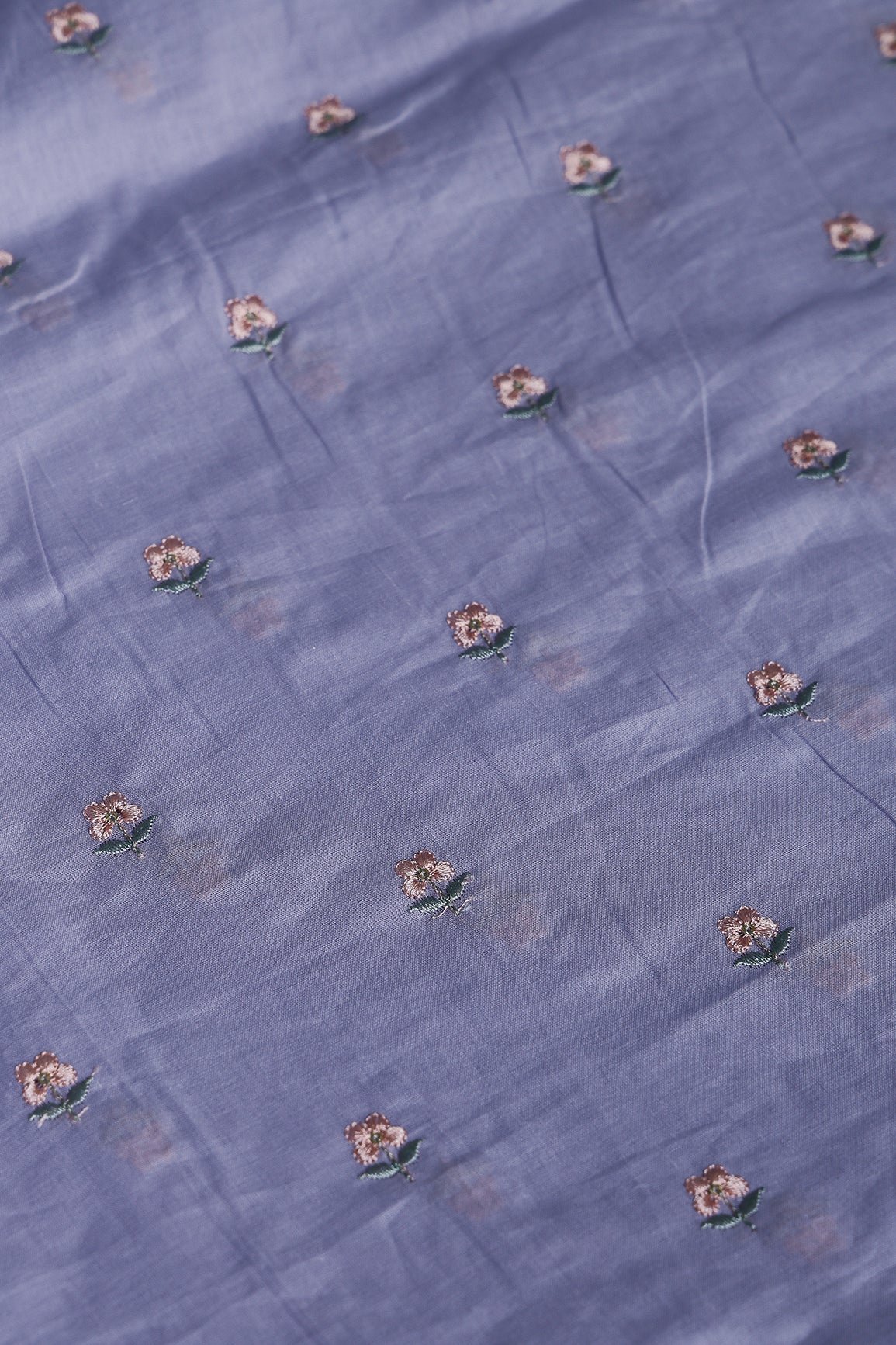 Peach & Olive Thread Small Floral Embroidery Work On Pastel Lilac Pure Mul Cotton Fabric