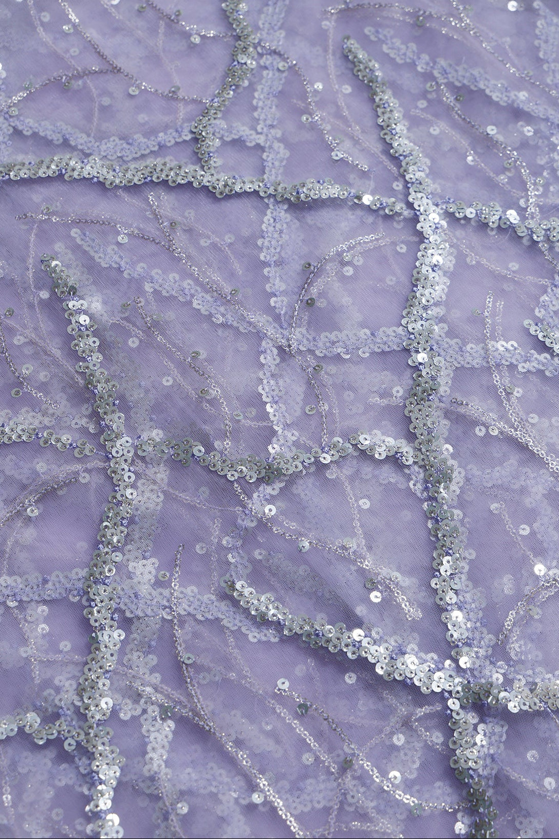 2.50 Meter Cut Piece Of Silver Sequins Geometric Embroidery On Lavender Soft Net Fabric
