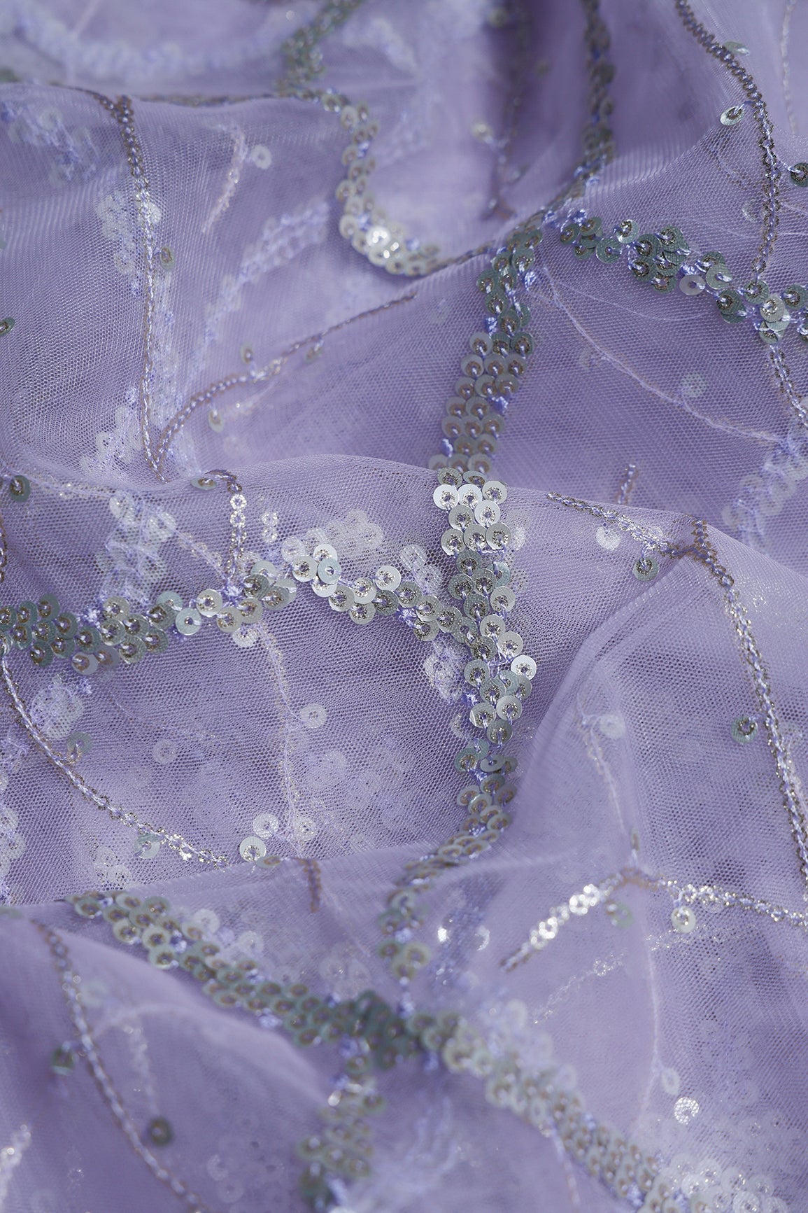 2.50 Meter Cut Piece Of Silver Sequins Geometric Embroidery On Lavender Soft Net Fabric