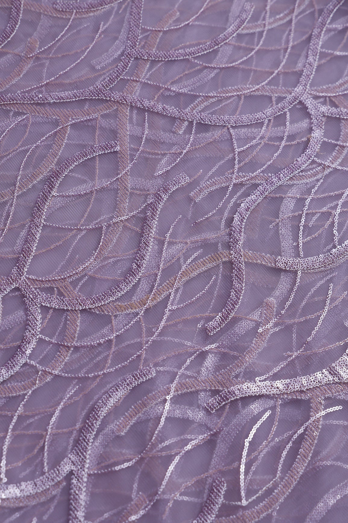 2.25 Meter Cut Piece Of Lavender Thread With Sequins Abstract Embroidery Work On Lavender Soft Net Fabric