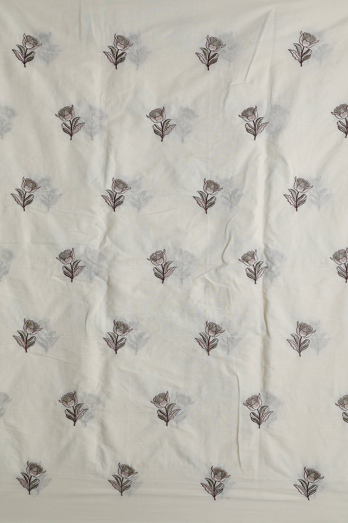 Coffee And Olive Thread Beautiful Floral Embroidery Work On Off White Organic Cotton Fabric