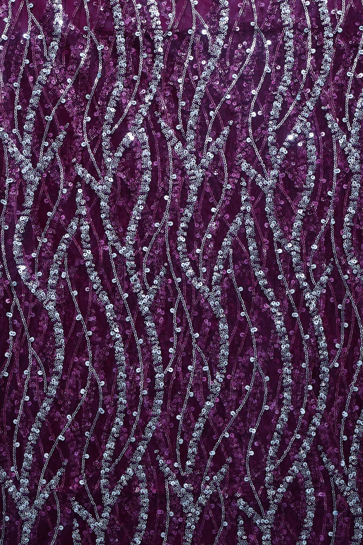 2.75 Meter Cut Piece Of Wavy Gold Sequins Embroidery On Wine Soft Net Fabric