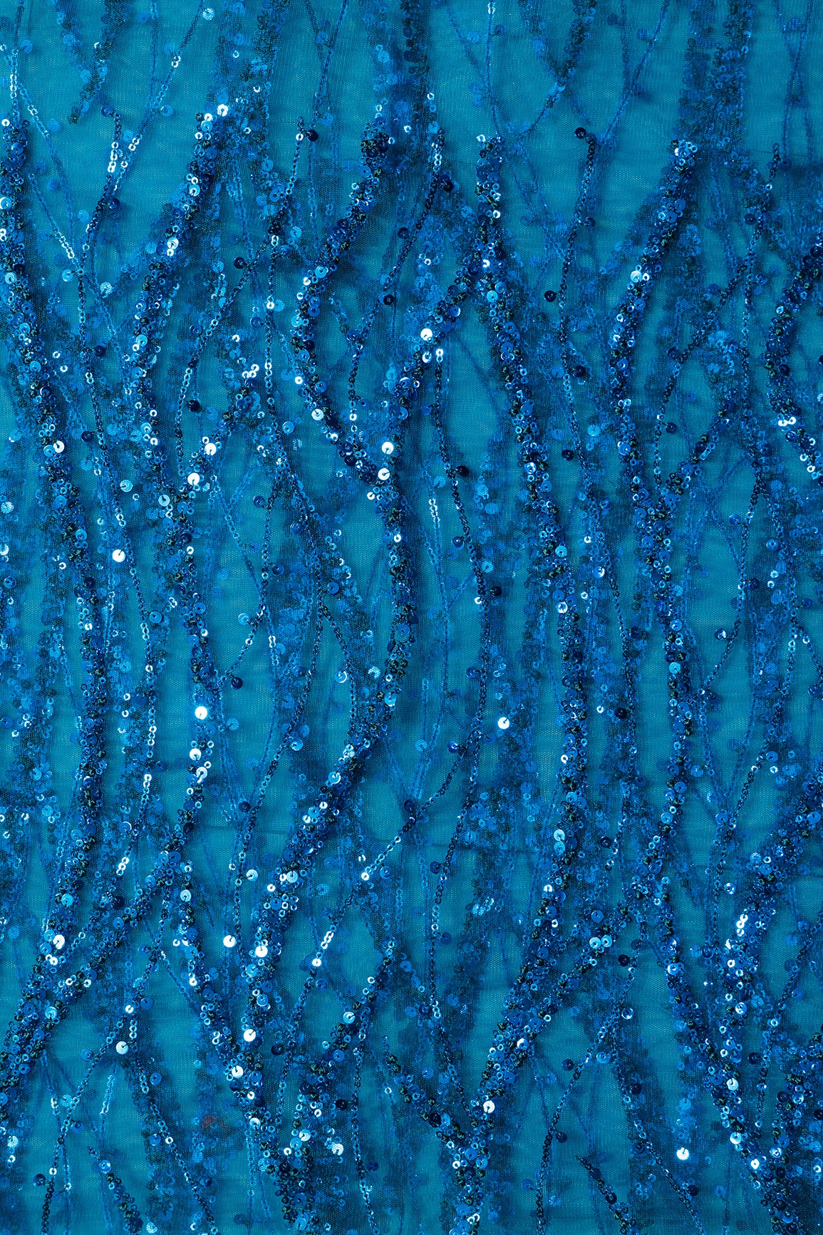 1 Meter Cut Piece Of Beautiful Sequins With Blue Thread Wavy Embroidery Work On Rama Blue Soft Net Fabric