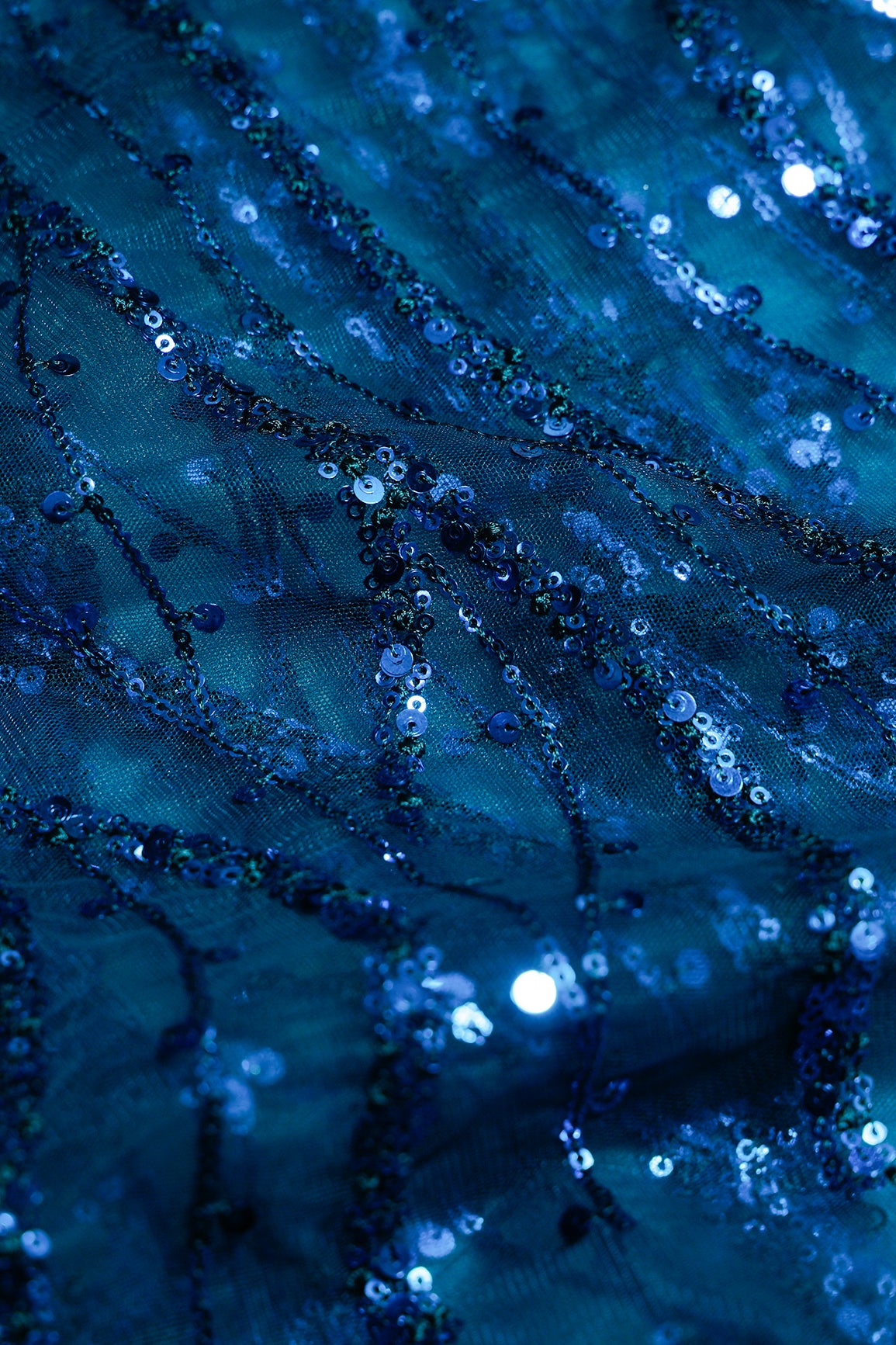 1 Meter Cut Piece Of Beautiful Sequins With Blue Thread Wavy Embroidery Work On Rama Blue Soft Net Fabric