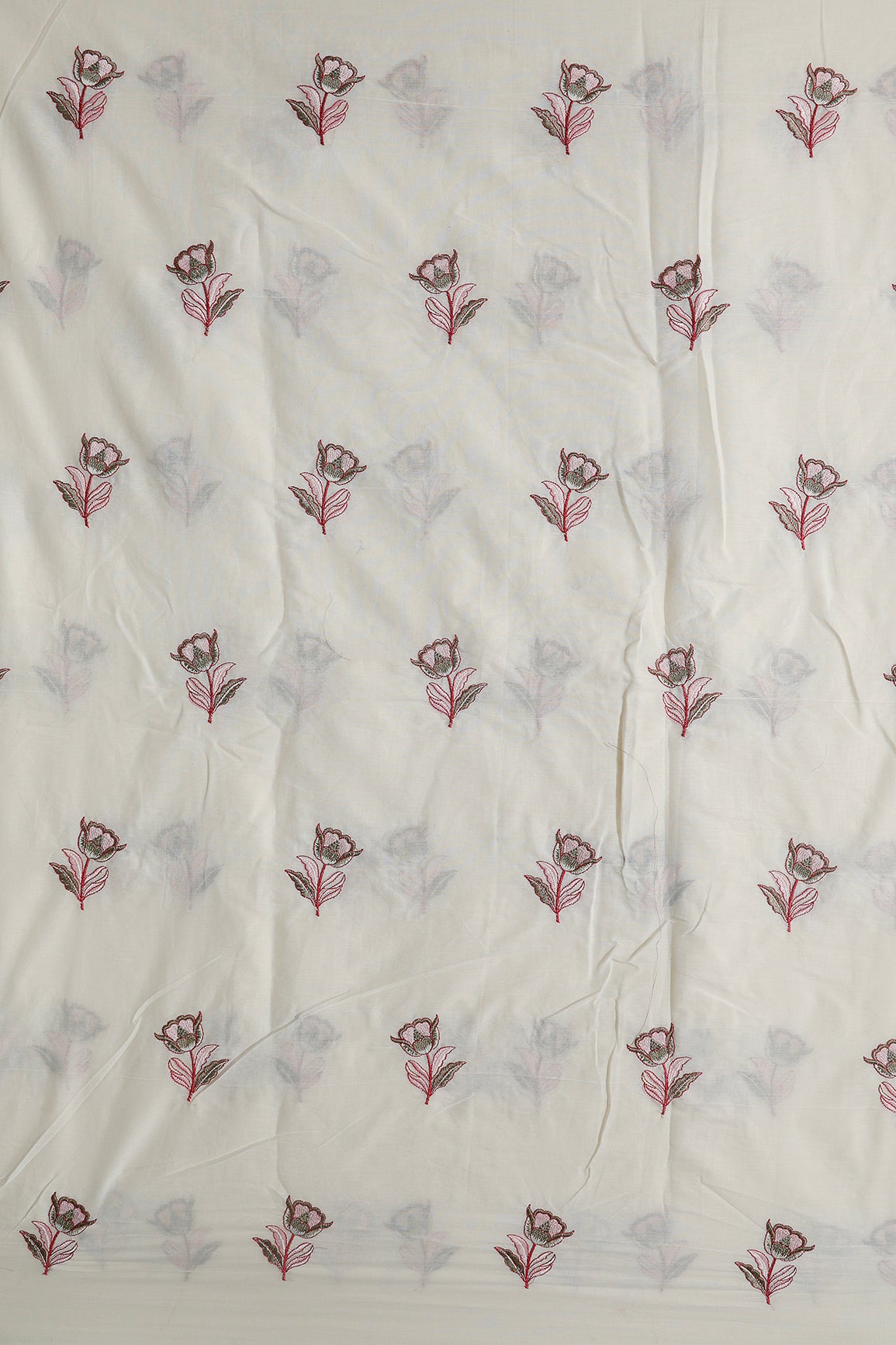 Pink And Olive Thread Beautiful Floral Embroidery Work On Off White Organic Cotton Fabric