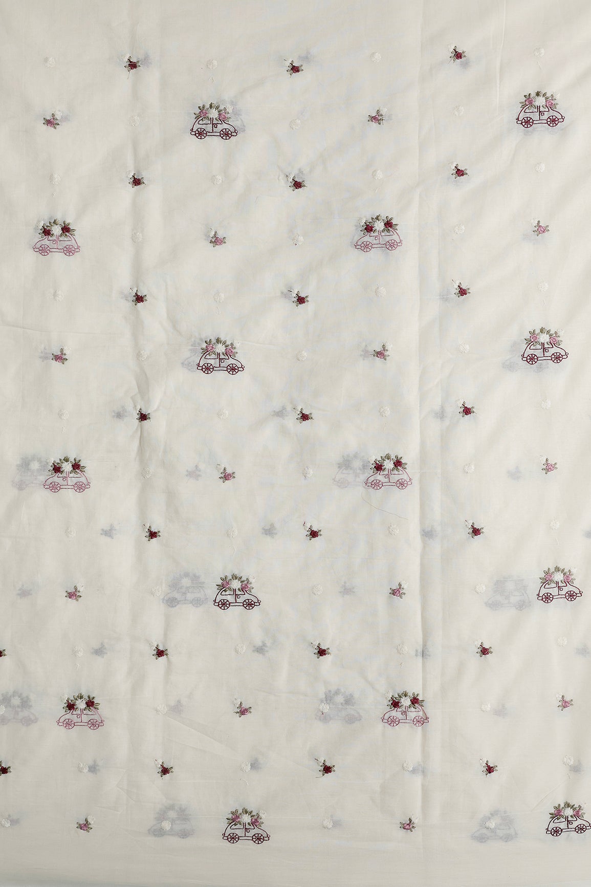 Multi Color Thread Car Motif Embroidery Design Work On Off White Organic Cotton Fabric
