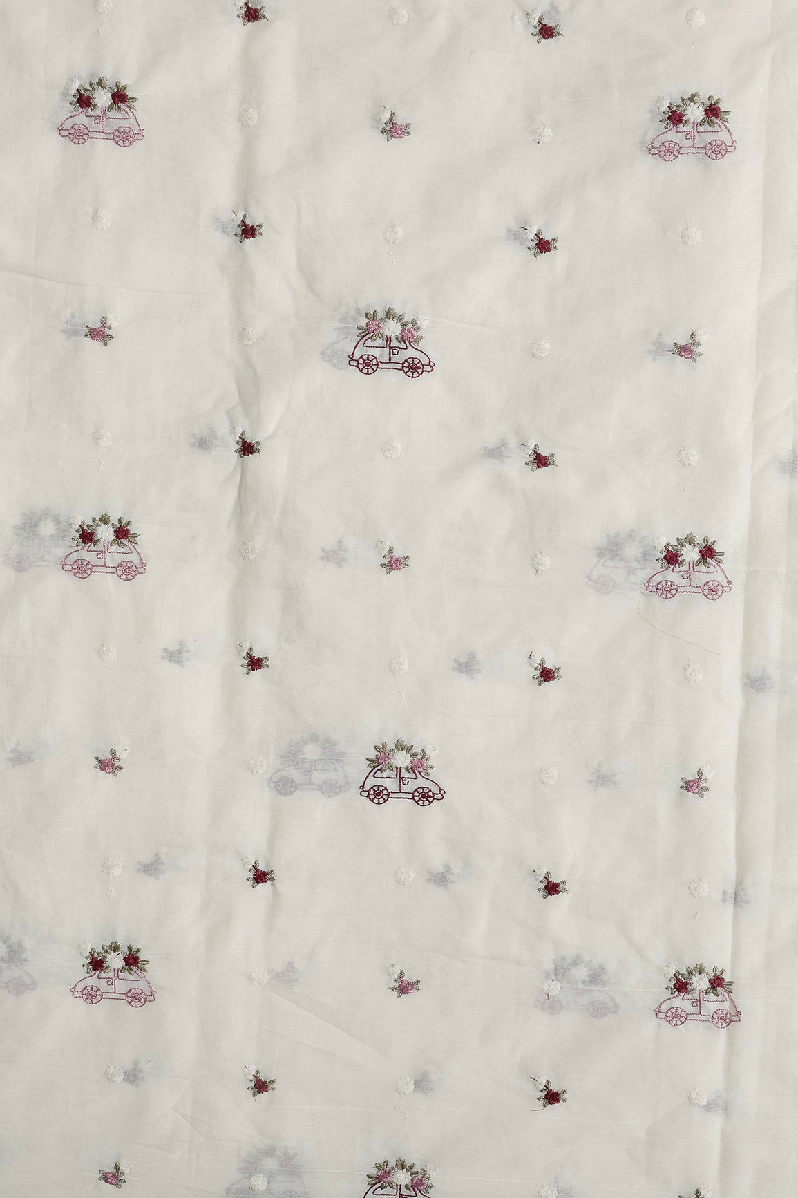 Multi Color Thread Car Motif Embroidery Design Work On Off White Organic Cotton Fabric