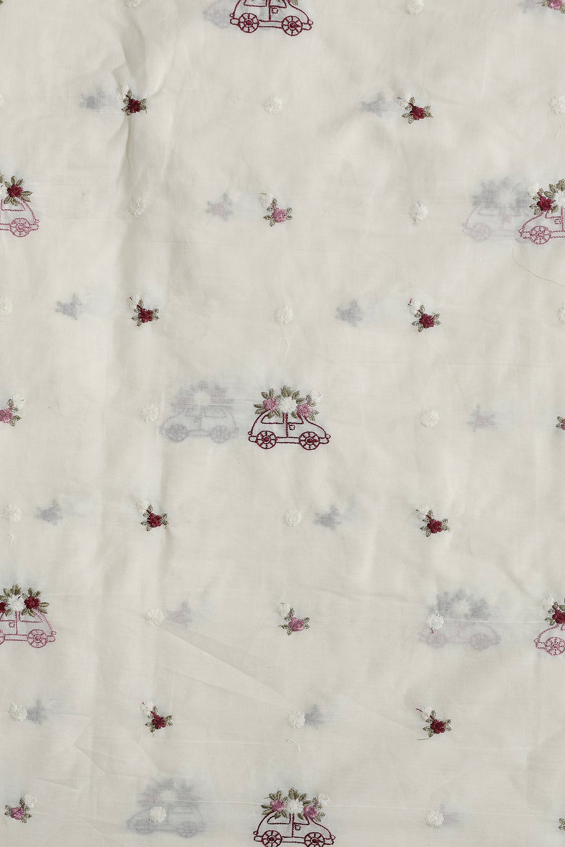 Multi Color Thread Car Motif Embroidery Design Work On Off White Organic Cotton Fabric