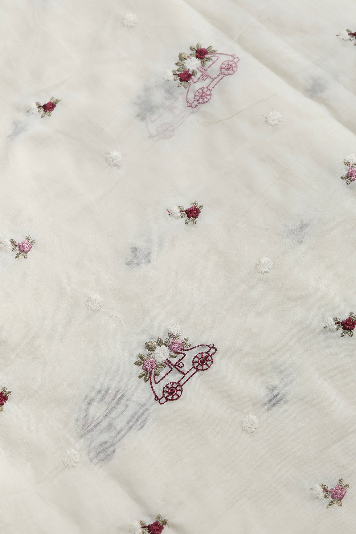 Multi Color Thread Car Motif Embroidery Design Work On Off White Organic Cotton Fabric