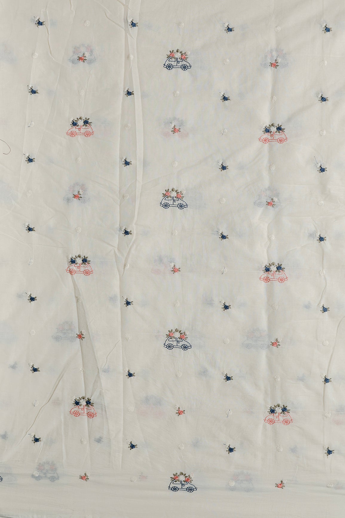 Multi Color Thread Car Motif Embroidery Design Work On Off White Organic Cotton Fabric