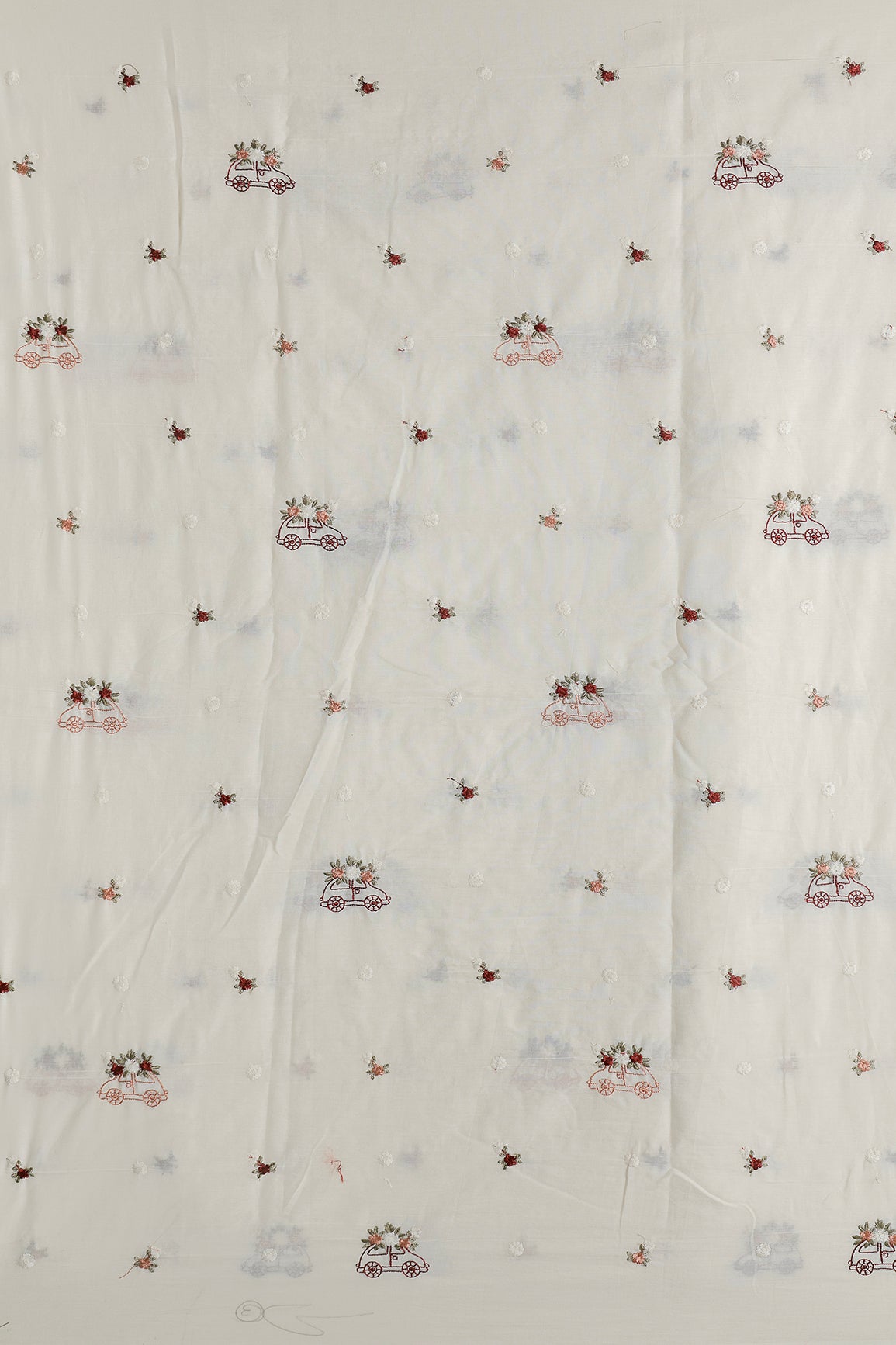 Multi Color Thread Car Motif Embroidery Design Work On Off White Organic Cotton Fabric