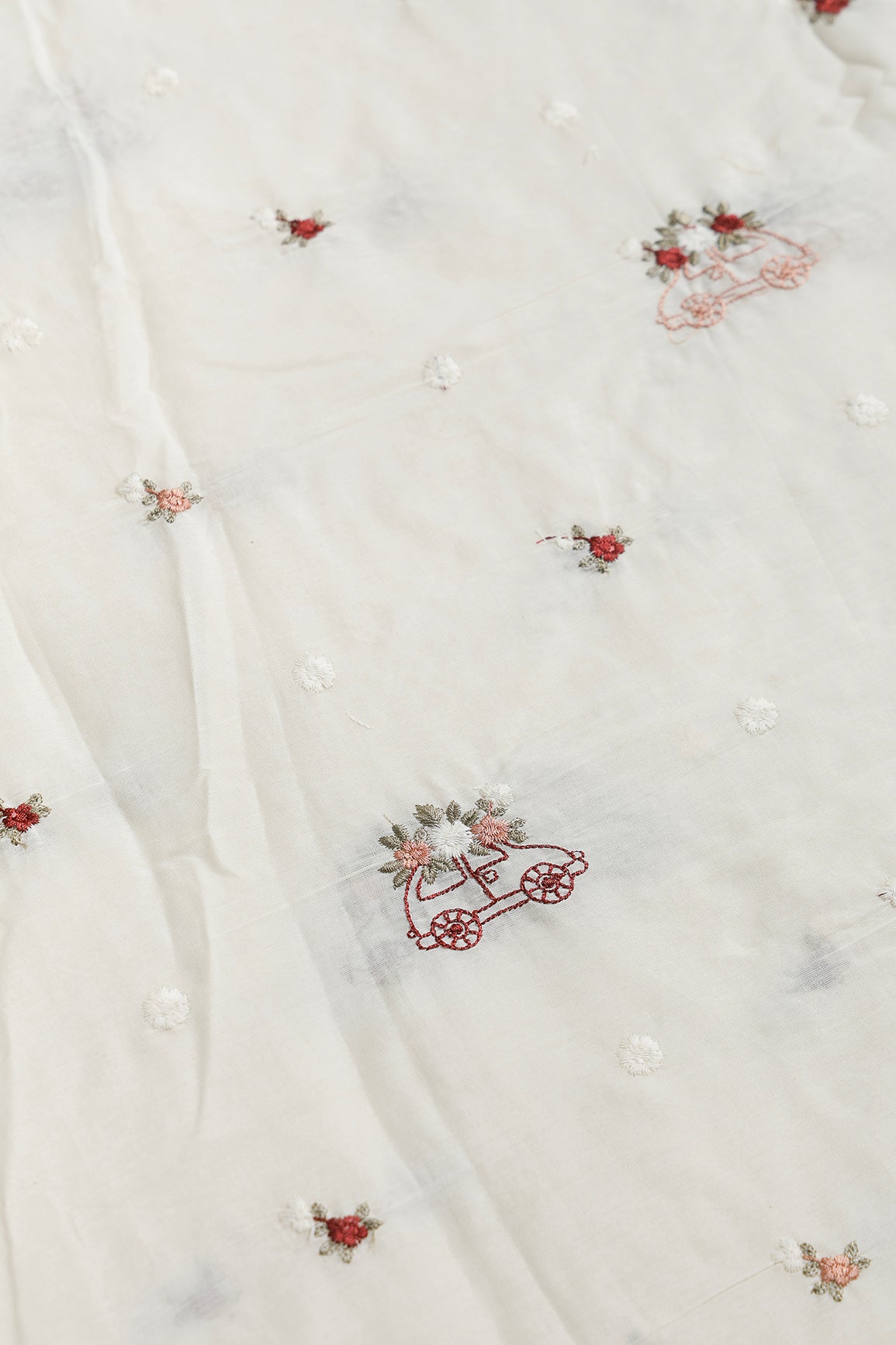 Multi Color Thread Car Motif Embroidery Design Work On Off White Organic Cotton Fabric
