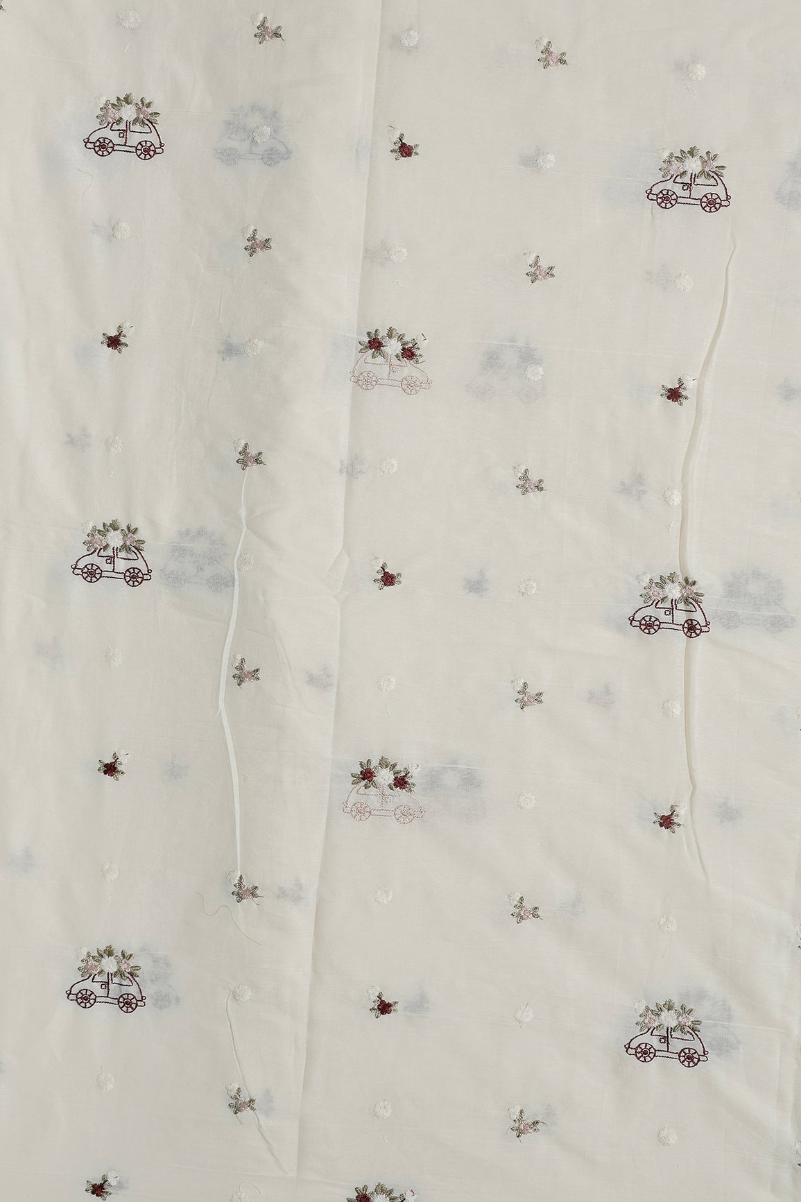 Multi Color Thread Car Motif Embroidery Design Work On Off White Organic Cotton Fabric