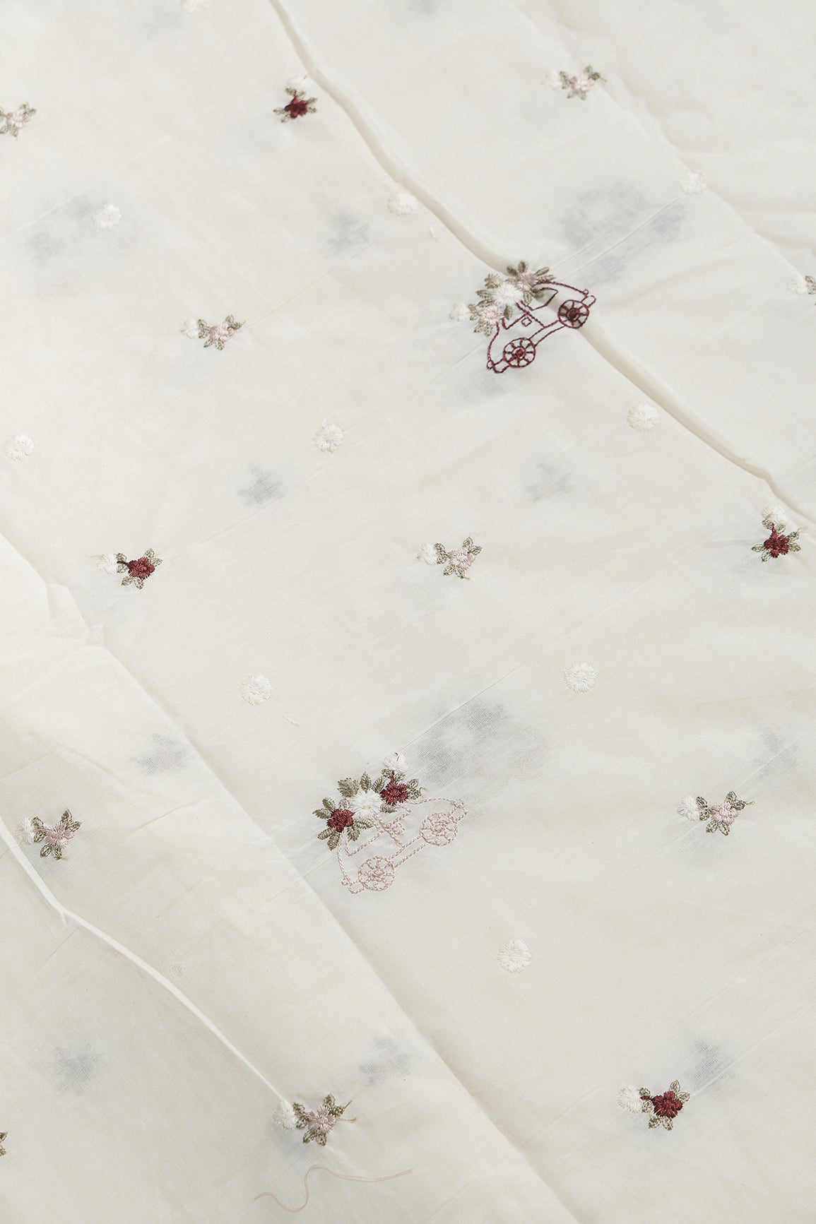 Multi Color Thread Car Motif Embroidery Design Work On Off White Organic Cotton Fabric