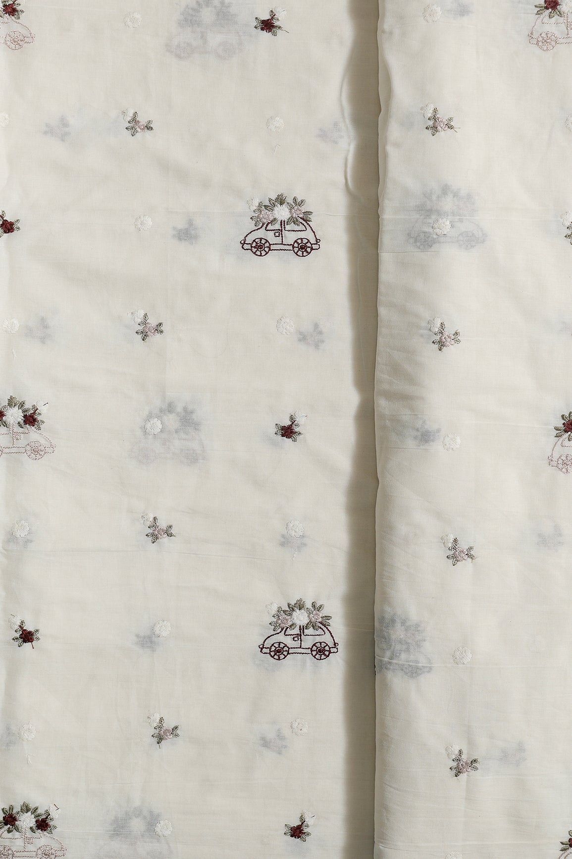 Multi Color Thread Car Motif Embroidery Design Work On Off White Organic Cotton Fabric