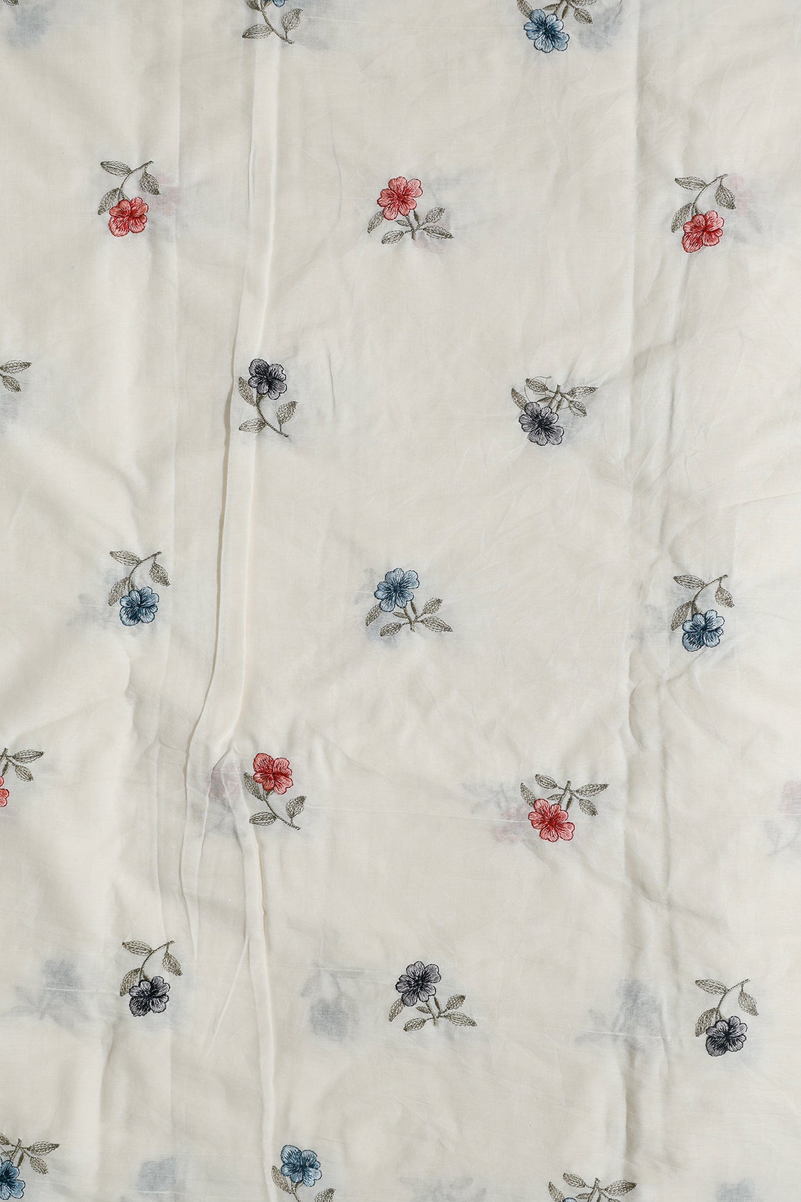 Multi Thread Beautiful Floral Leafy Embroidery Work On Off White Organic Cotton Fabric