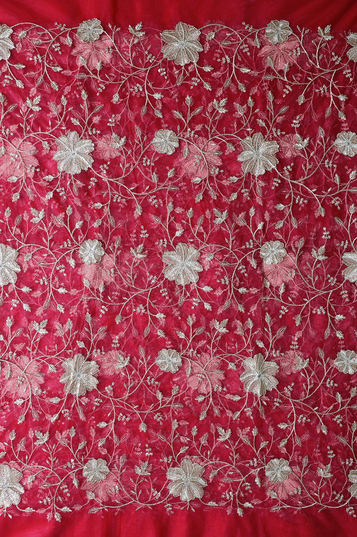 Gold Sequins & Beads With Zari Floral Leafy Embroidery Work On Cherry Red Soft Net Fabric
