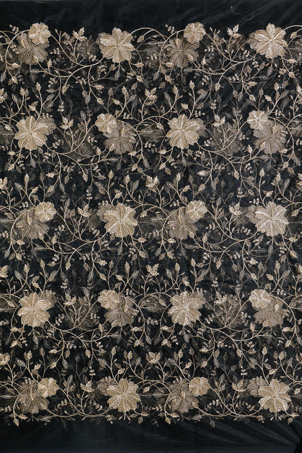 Gold Sequins & Beads With Zari Floral Leafy Embroidery Work On Black Soft Net Fabric