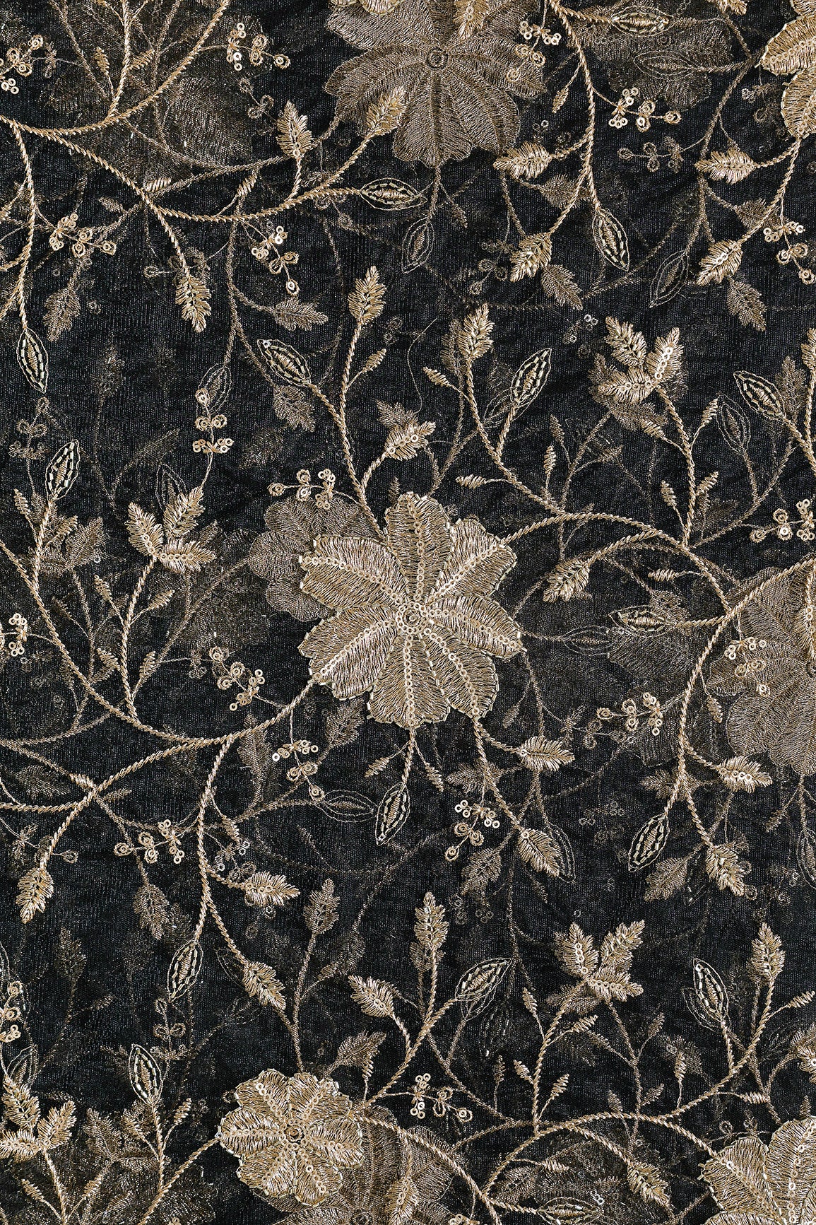 Gold Sequins & Beads With Zari Floral Leafy Embroidery Work On Black Soft Net Fabric