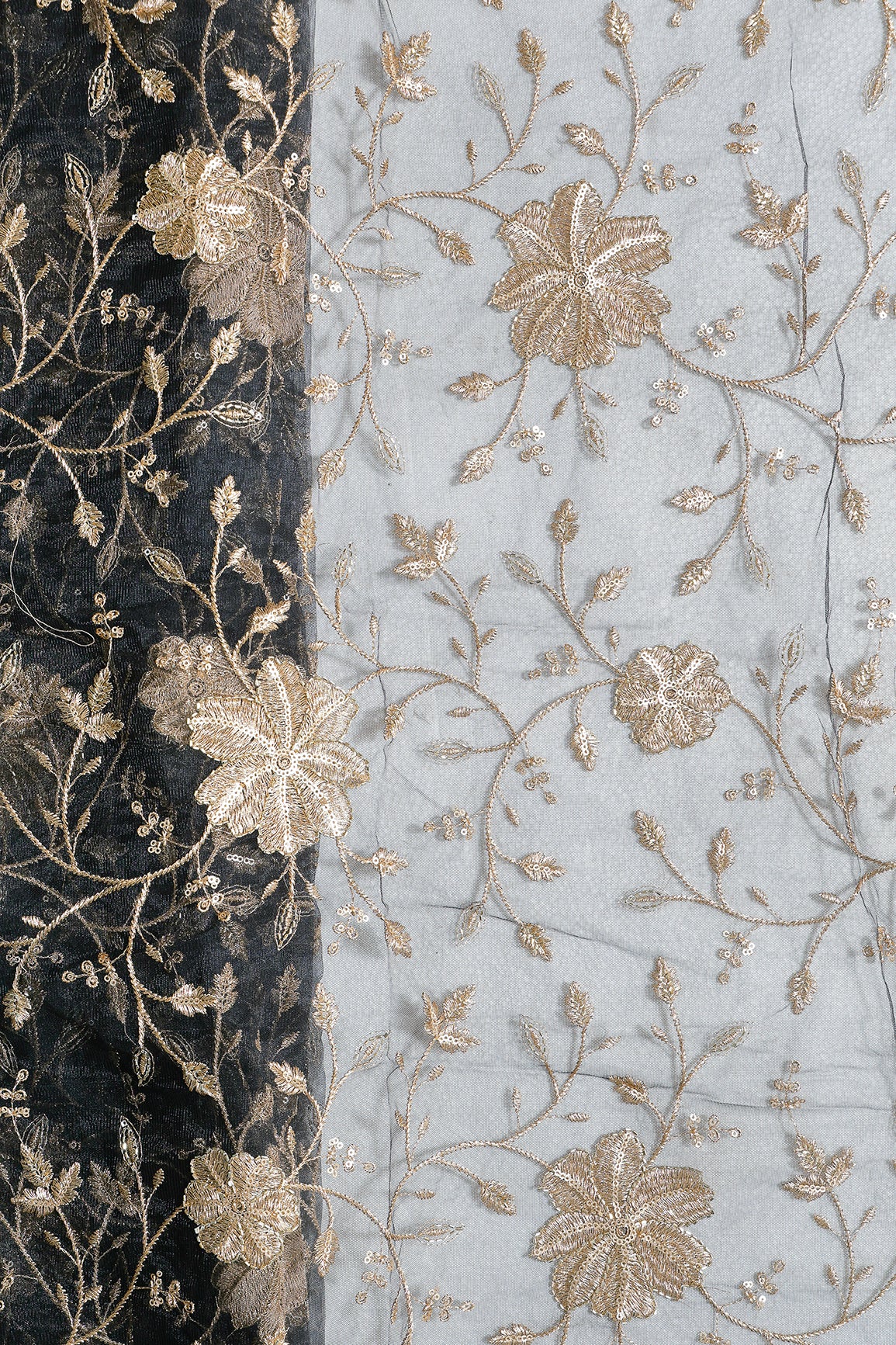 Gold Sequins & Beads With Zari Floral Leafy Embroidery Work On Black Soft Net Fabric