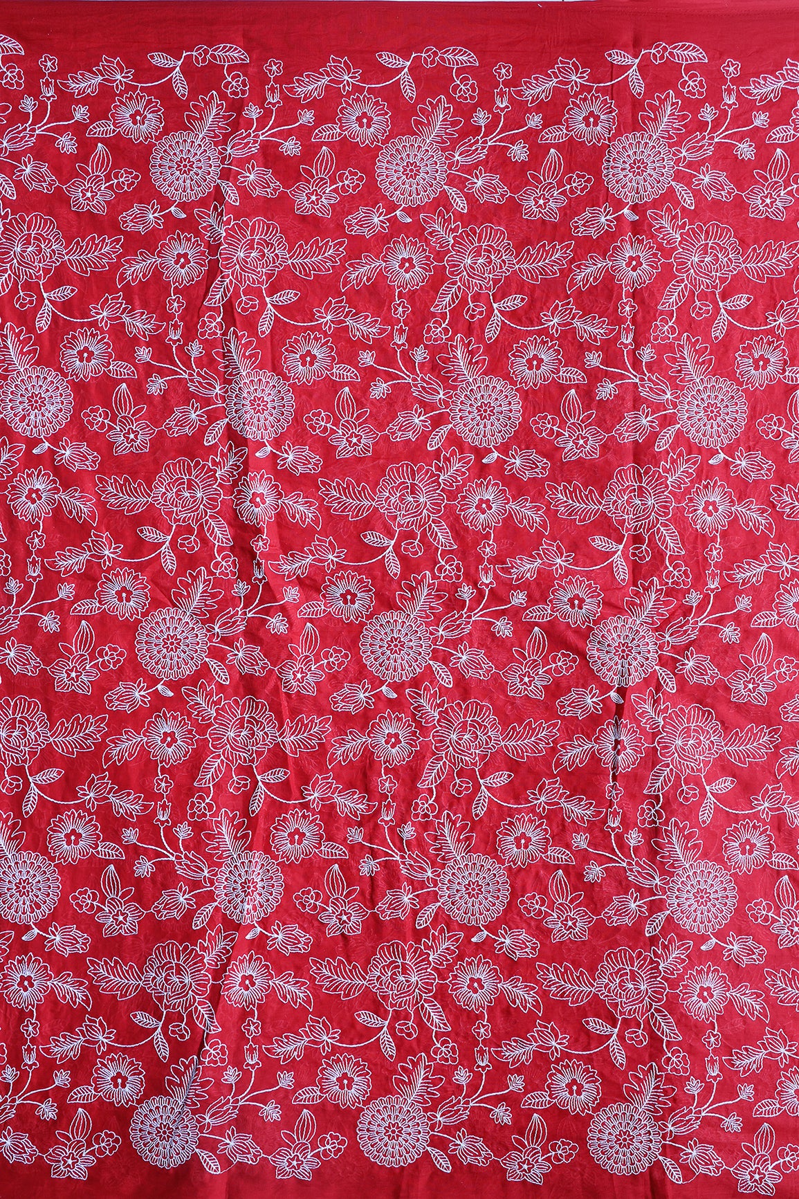Beautiful White Thread Floral Embroidery Work On Red Pure Mul Cotton Fabric