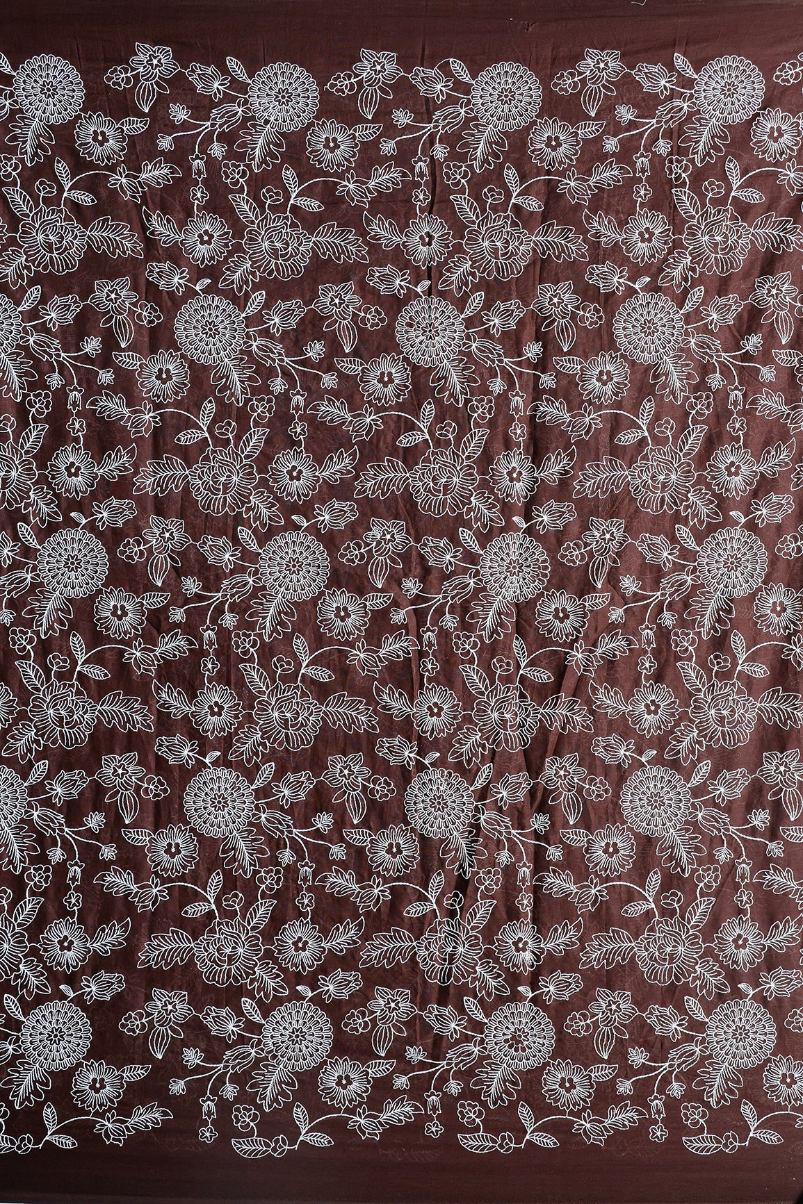 Beautiful White Thread Floral Embroidery Work On Coffee Brown Pure Mul Cotton Fabric