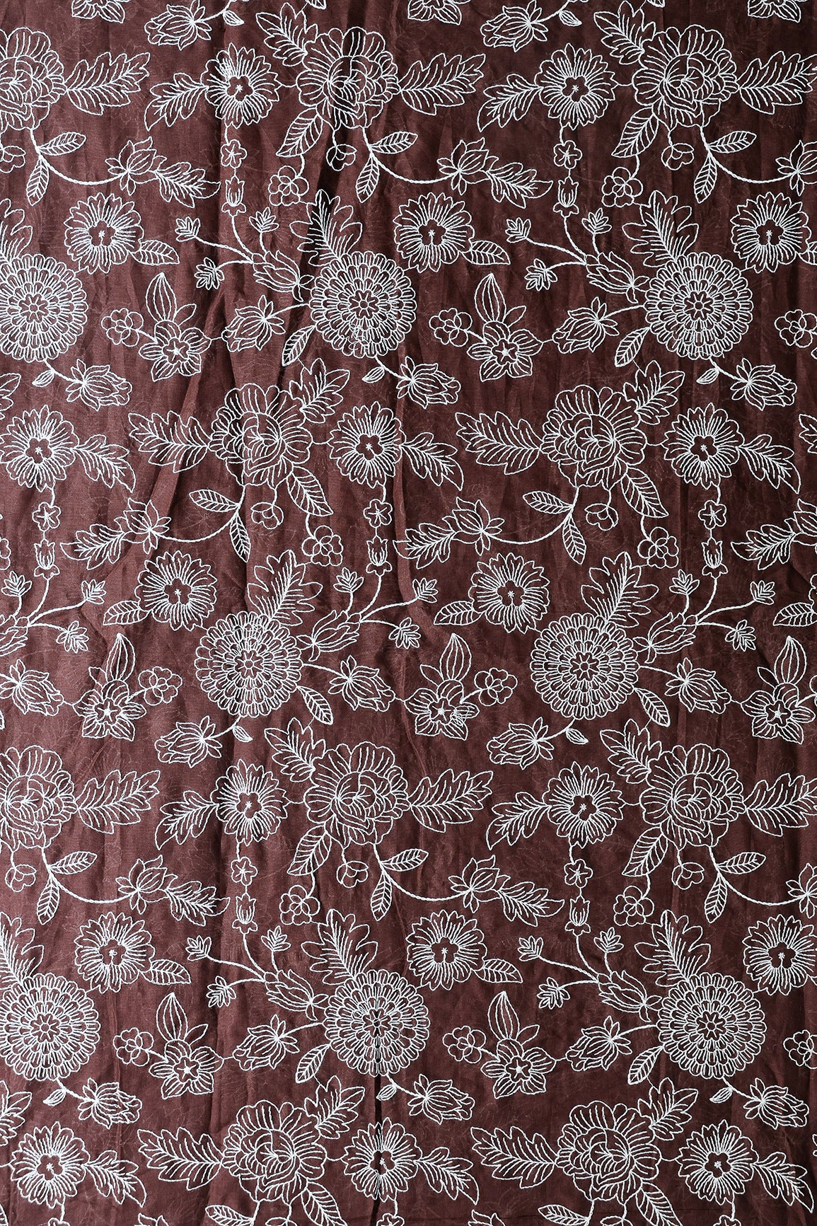 Beautiful White Thread Floral Embroidery Work On Coffee Brown Pure Mul Cotton Fabric