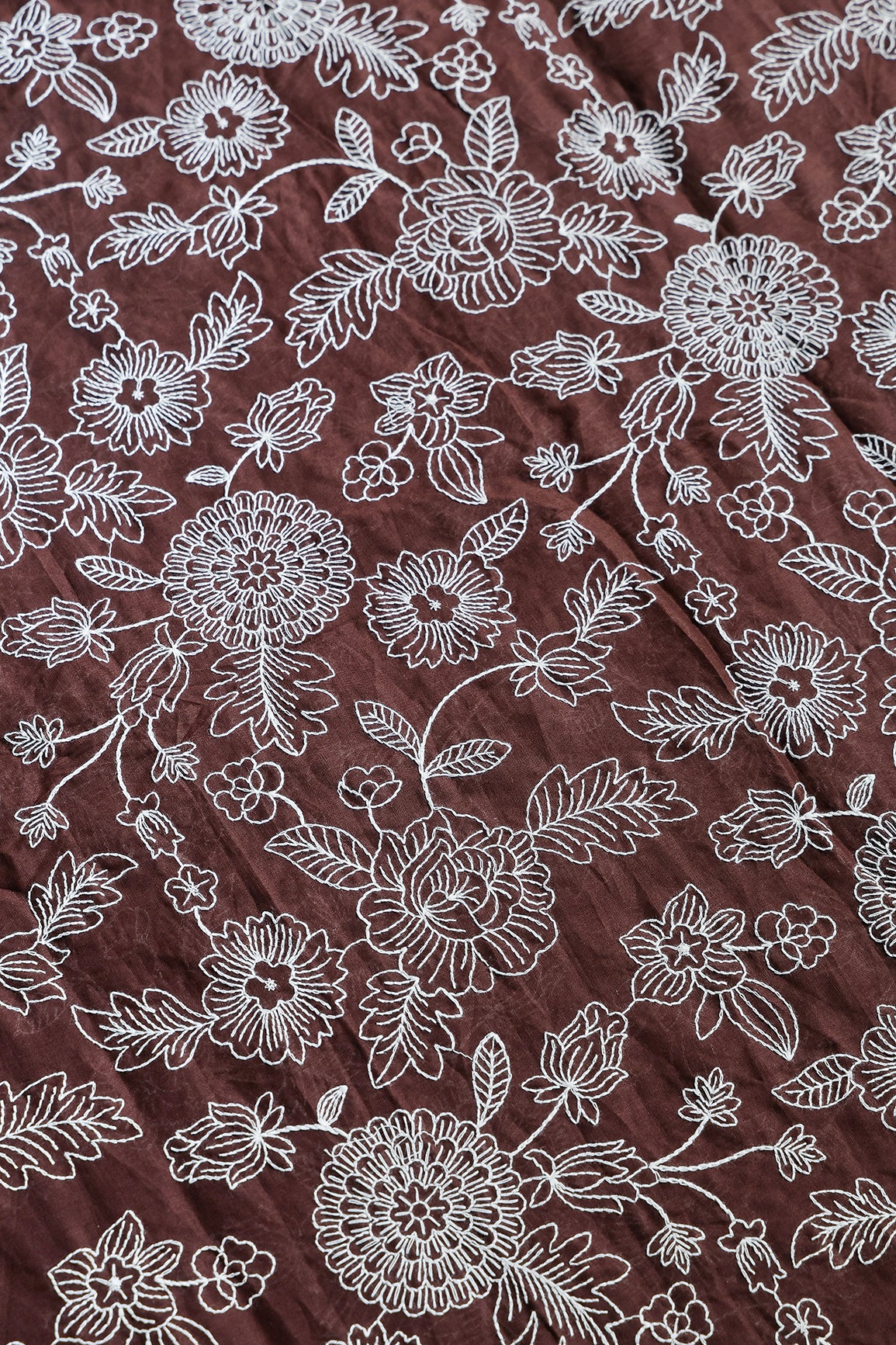 Beautiful White Thread Floral Embroidery Work On Coffee Brown Pure Mul Cotton Fabric