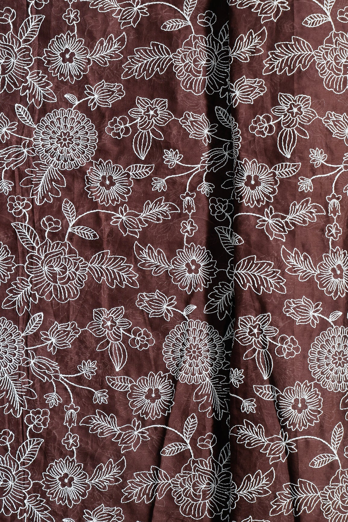 Beautiful White Thread Floral Embroidery Work On Coffee Brown Pure Mul Cotton Fabric