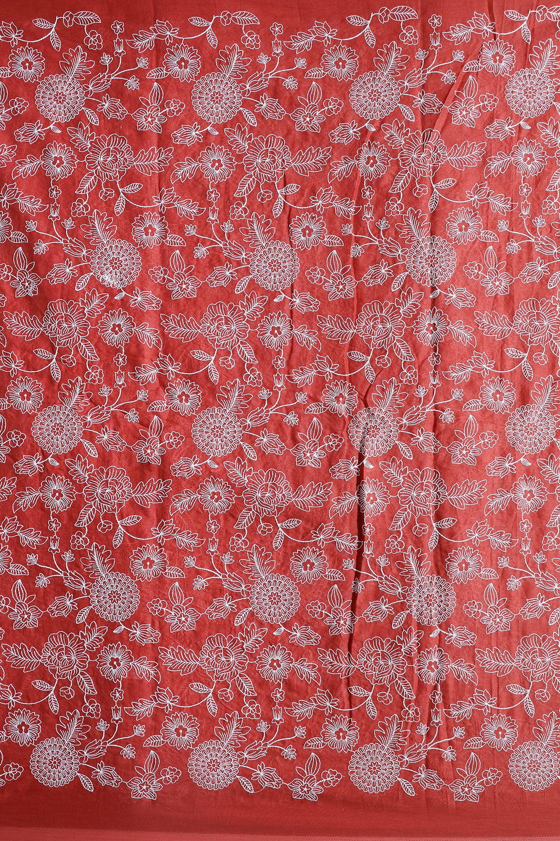 Beautiful White Thread Floral Embroidery Work On Rust Orange Pure Mul Cotton Fabric