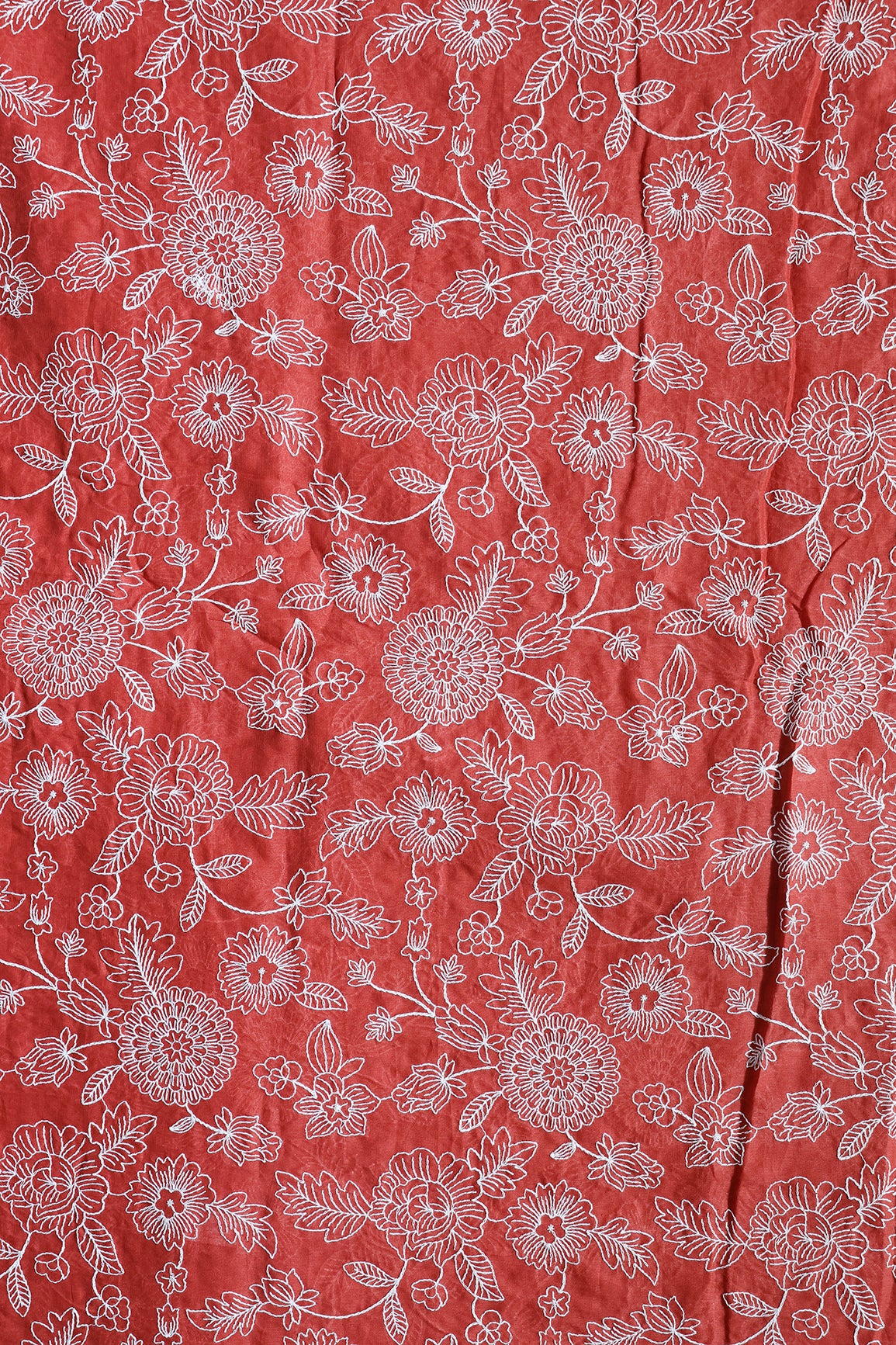 Beautiful White Thread Floral Embroidery Work On Rust Orange Pure Mul Cotton Fabric