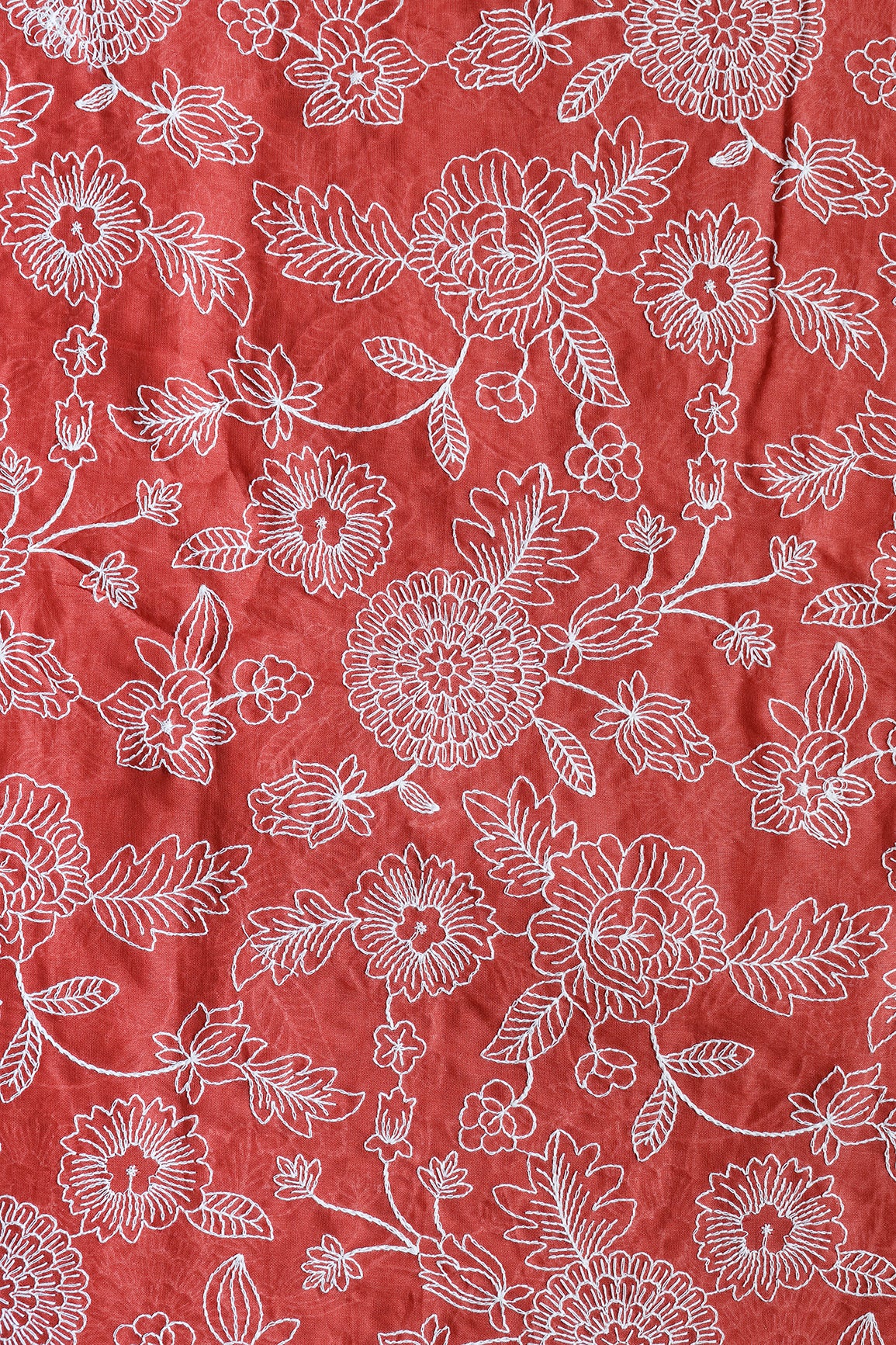Beautiful White Thread Floral Embroidery Work On Rust Orange Pure Mul Cotton Fabric