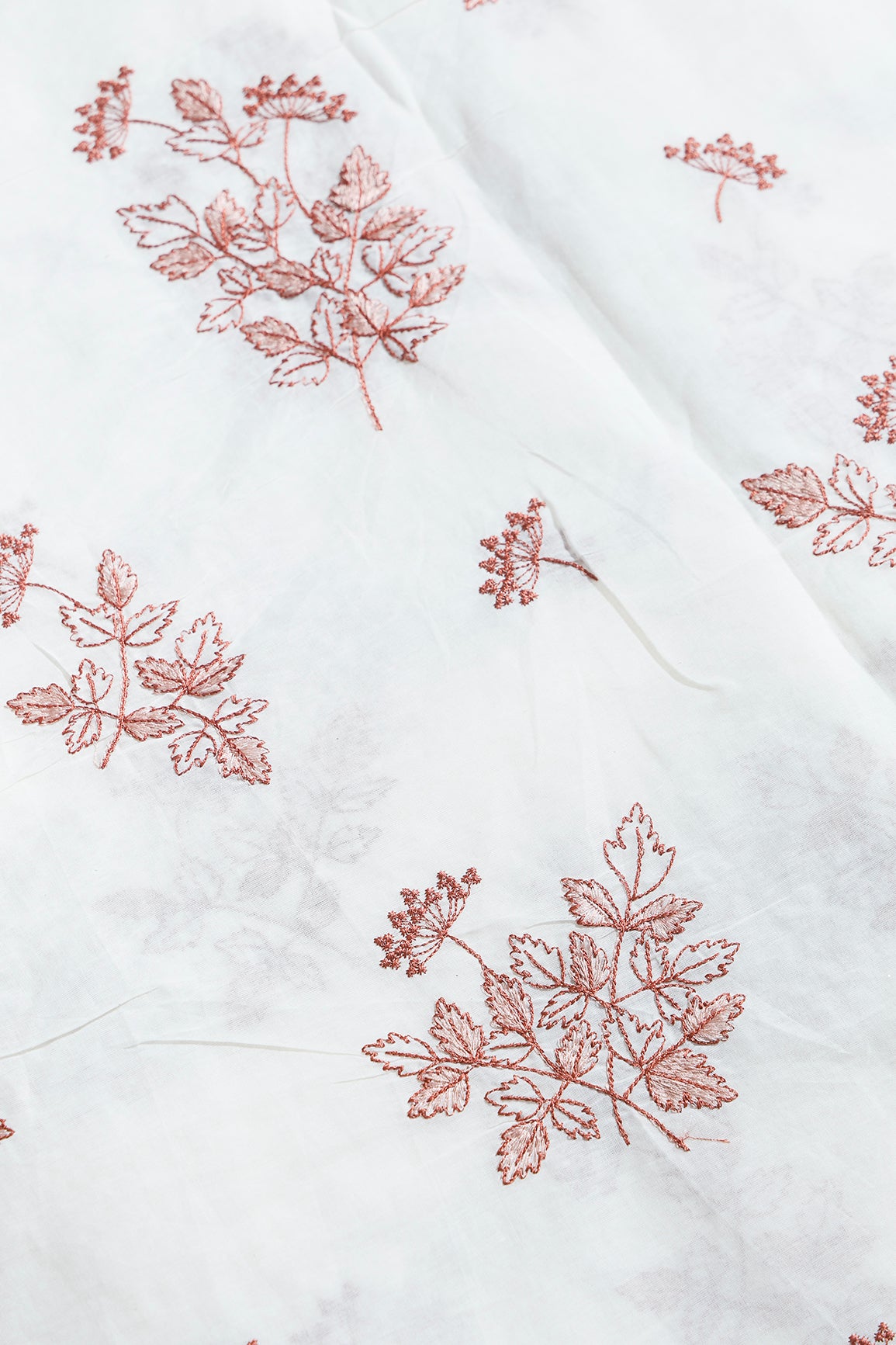 Rust Thread Beautiful Leafy Embroidery Work On Off White Organic Cotton Fabric
