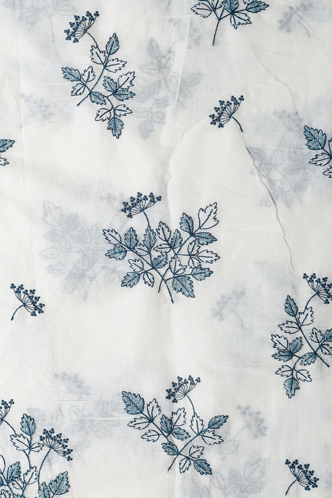 Rama Thread Beautiful Leafy Embroidery Work On Off White Organic Cotton Fabric