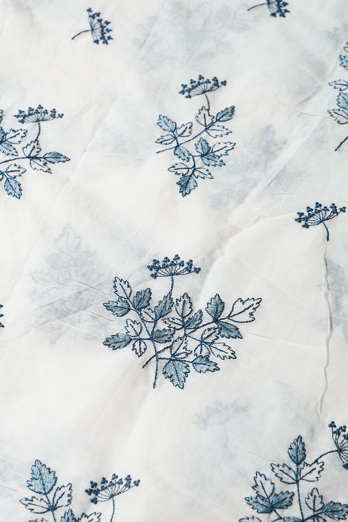Rama Thread Beautiful Leafy Embroidery Work On Off White Organic Cotton Fabric