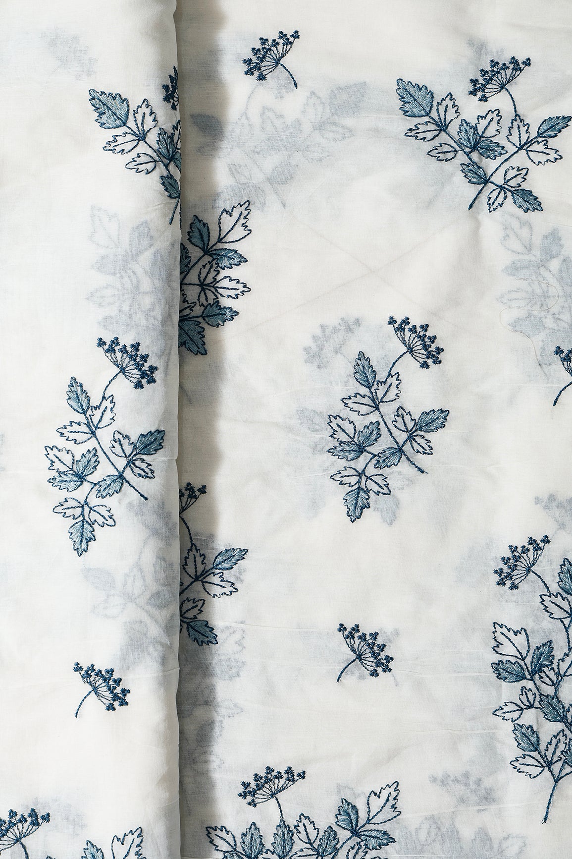 Rama Thread Beautiful Leafy Embroidery Work On Off White Organic Cotton Fabric