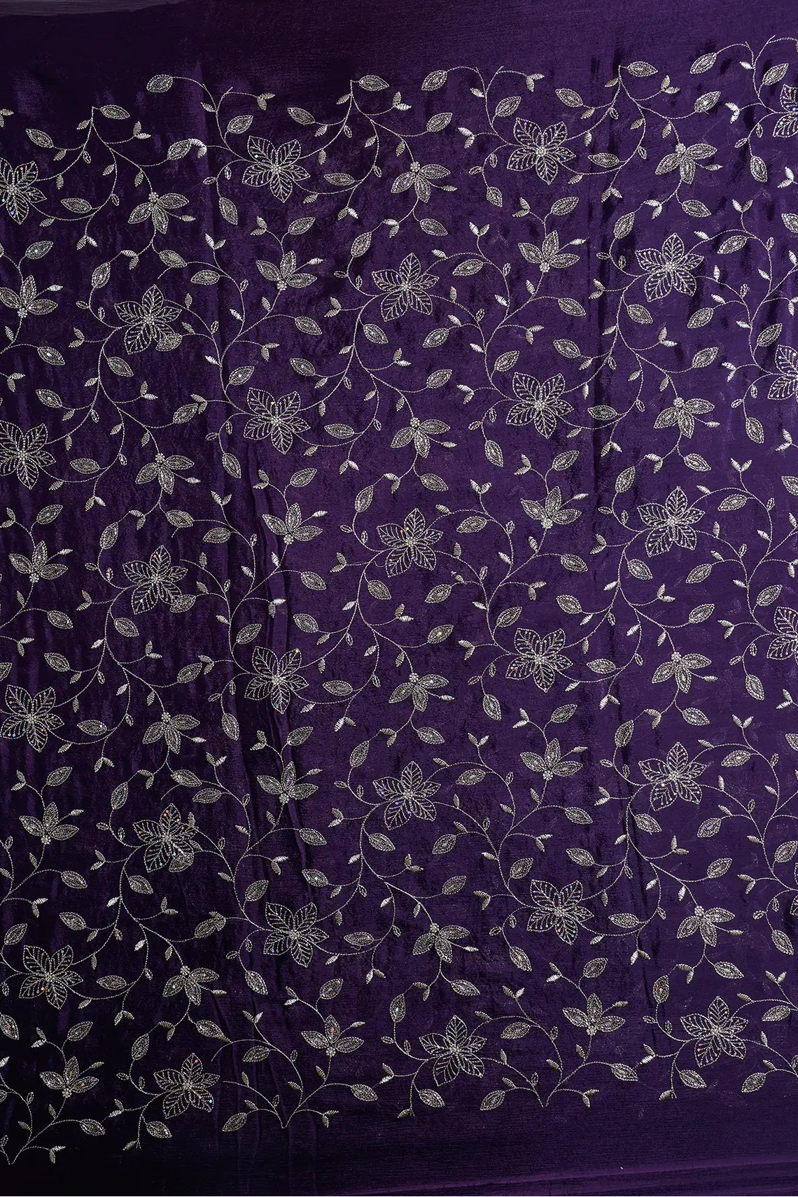 Multi Sequins & Beads With Zari Floral Leafy Embroidery Work On Dark Purple Chinnon Chiffon Fabric