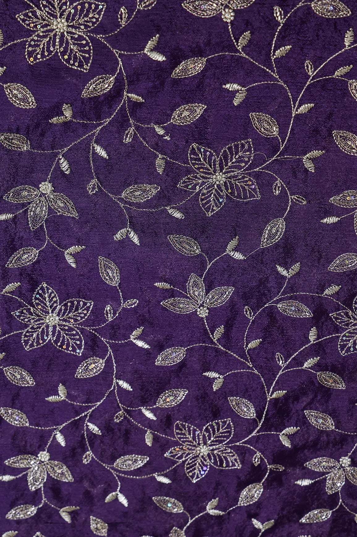 Multi Sequins & Beads With Zari Floral Leafy Embroidery Work On Dark Purple Chinnon Chiffon Fabric