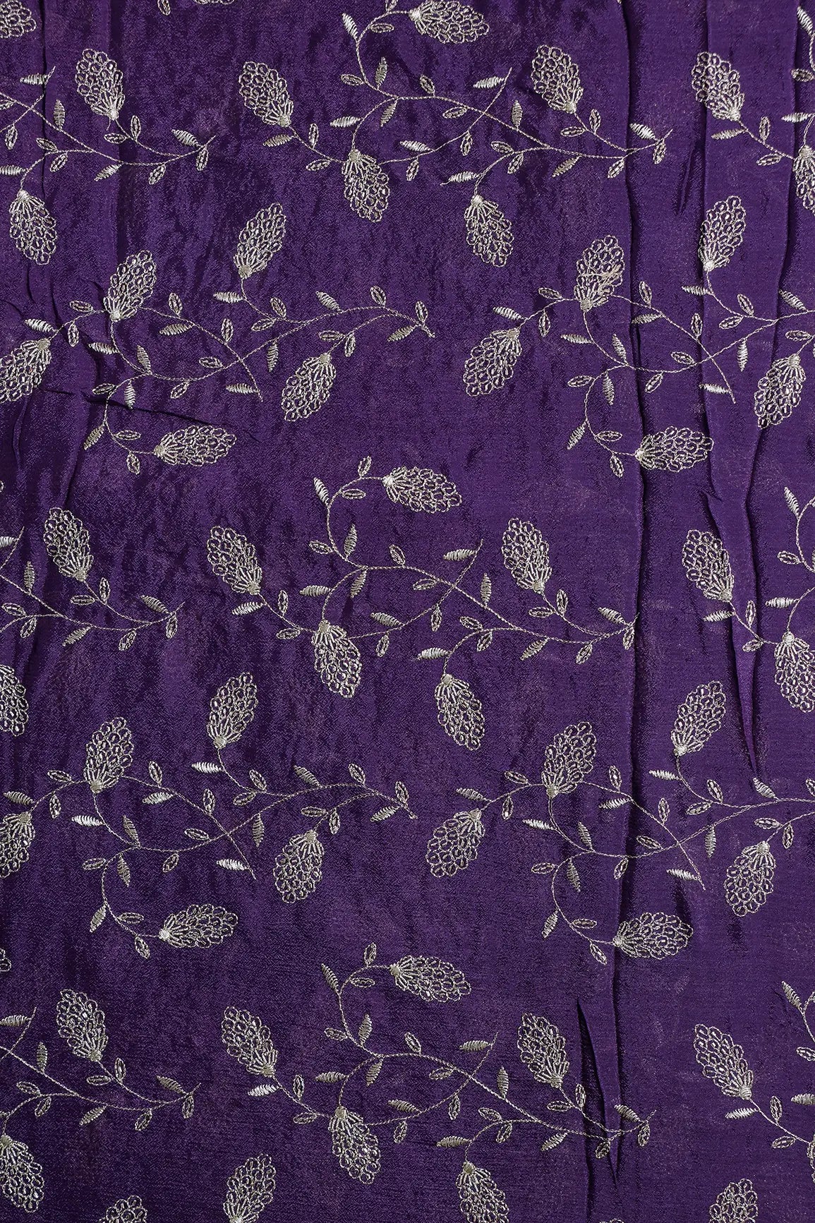 Gold Zari With Beads Leafy Embroidery Work On Dark Purple Chinnon Chiffon Fabric